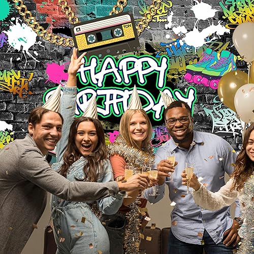 Miniatura 7 de Mocsicka Graffiti - Telón de fondo de cumpleaños de los años 80 y 90, estilo urbano, retro, para fiesta de cumpleaños, hip hop, rock, decoración de