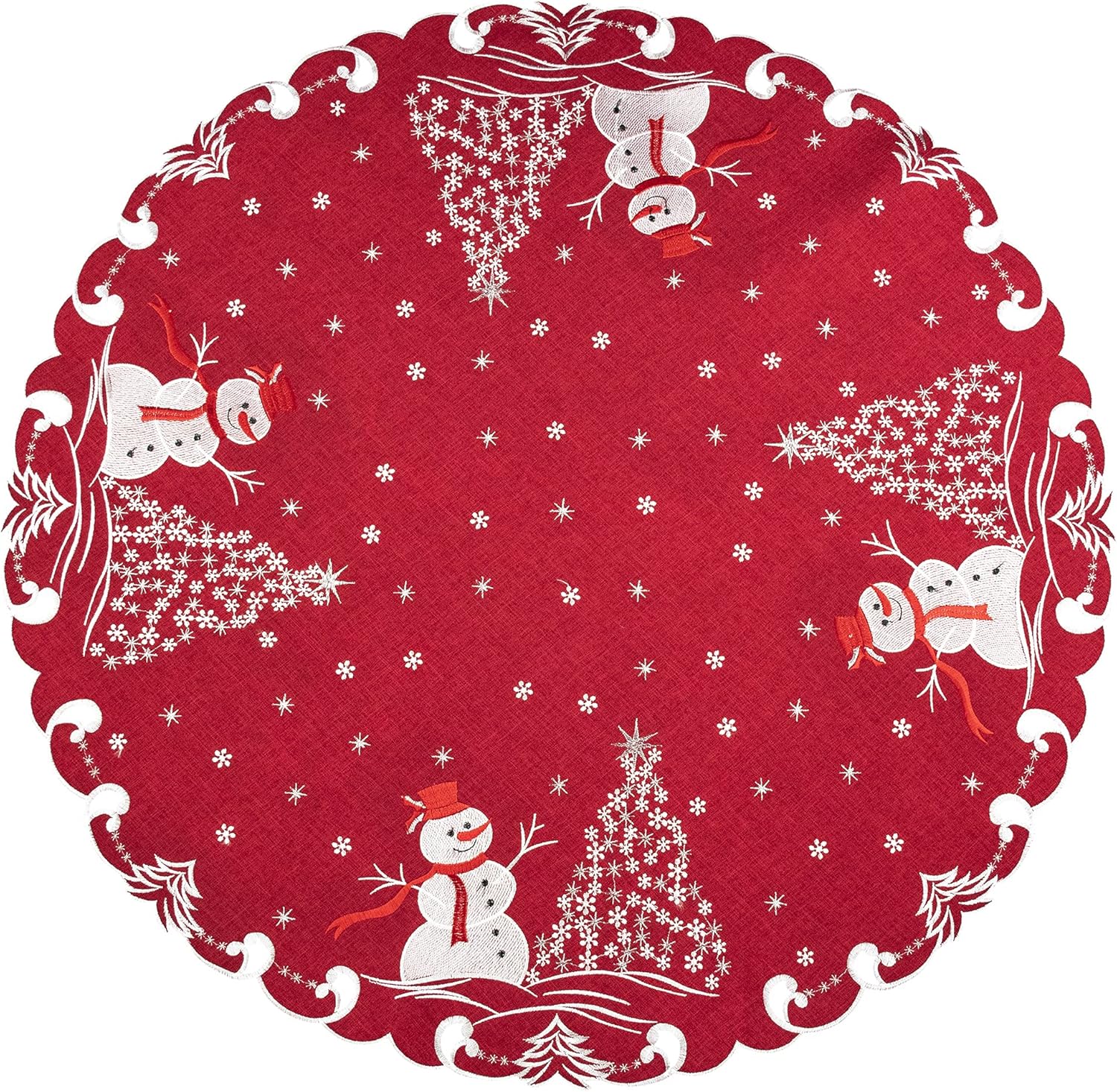 Beautifully Elegant Silver Star Topped Trees and Snowman on Red Linen Doily, Table Topper, Small Tablecloth, Table Centerpiece (34 Inch Round)