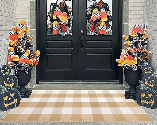 Miniatura 8 de Alfombra de Navidad roja y negra para exteriores, 24 x 51 pulgadas, alfombra de porche delantero a cuadros de Navidad, lavable a mano, de algodón,