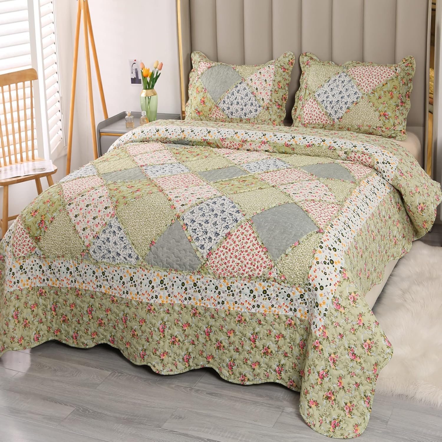 Blue Patchwork Quilt Set Full Queen Size Reversible Quilted Bedspread Coverlet 3-Piece Floral Lightweight Comforter Stitched Bedding Set Bed Sheet Cover Blanket with 2 Pillow Shams for All Season : Home & Kitchen