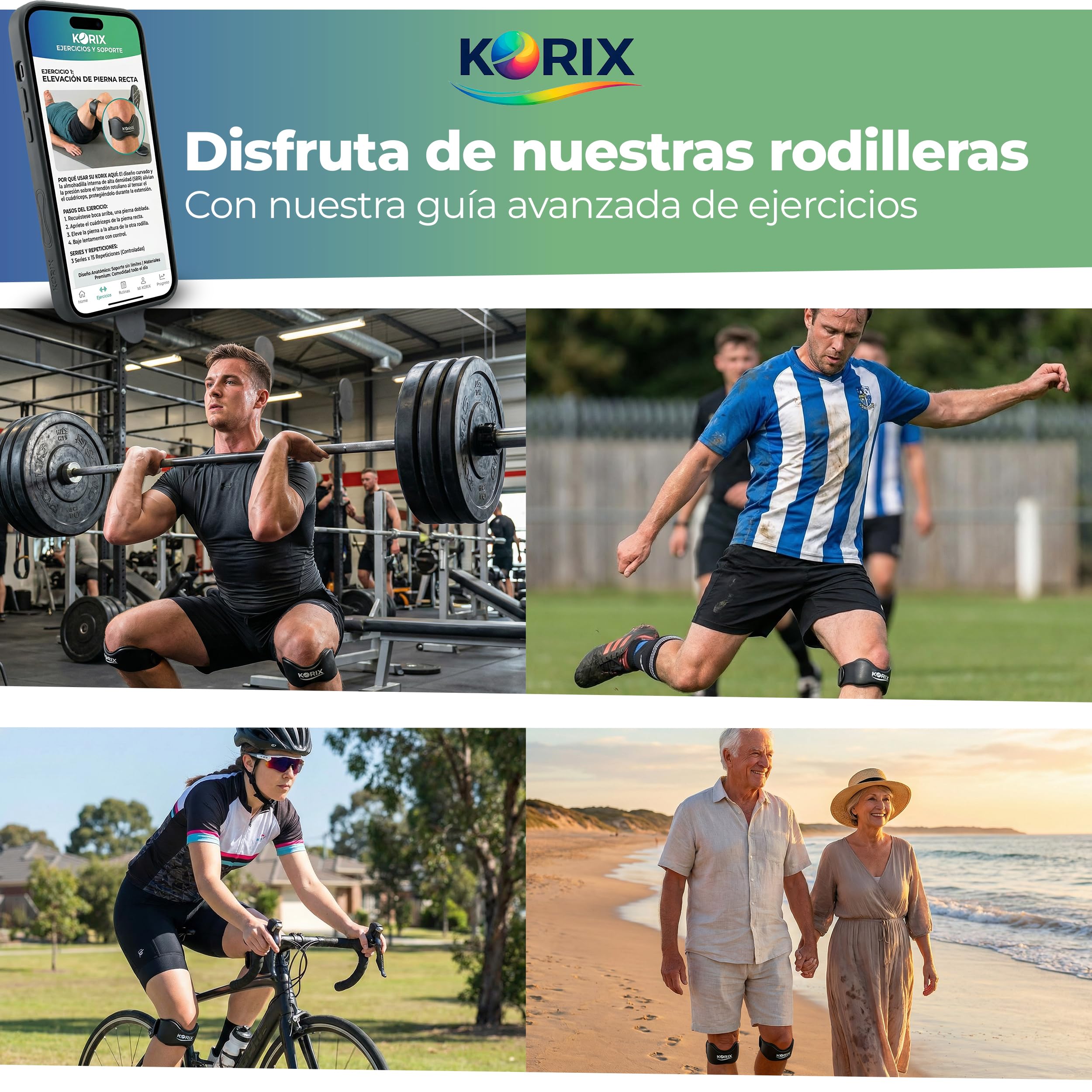 KORIX Pack Premium 2 Rodillera Rotuliana Deportiva Silicona + 2 Bandas Elásticas + 4 Correas Ajustables + Guía Ejercicios + Bolsa | Cinta Rotuliana Estabilizadora | Antideslizante | Última Generación