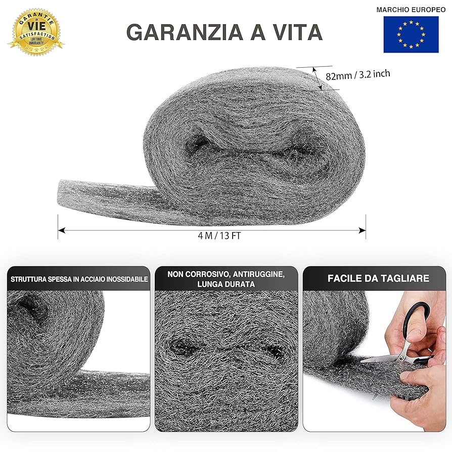Lana D'Acciaio Grado 0000 - 4 Rotoli Da 4m, Per Pulizia, Lucidatura E Prevenzione Topi - Foto 6