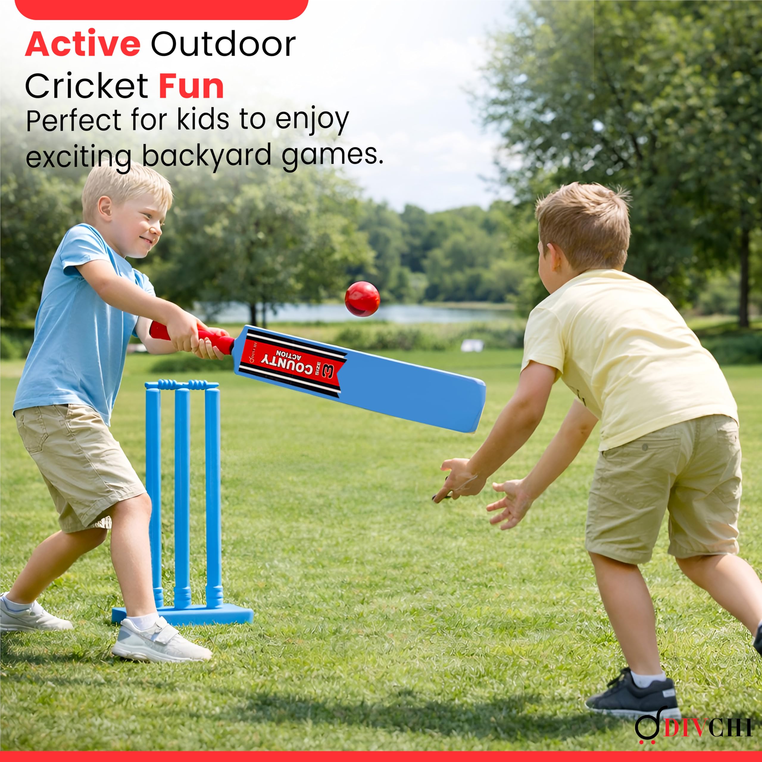 DIVCHI Kinder-Cricket-Set Größe 3 – Komplettes Kinder Set mit Kunststoffschläger Wickets Ballständer und -Tasche Ideal für Cricket-Spiele im Freien im Garten oder auf der Straße für Jungen und Mädchen