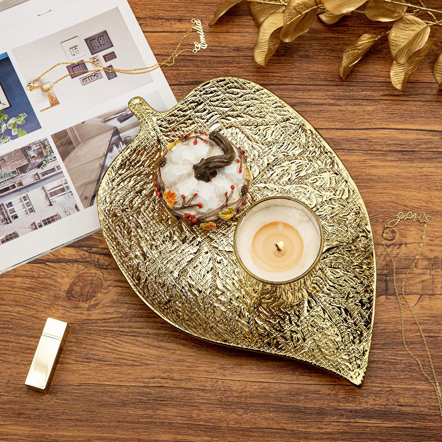 Oversized Leaf-Shaped Ceramic Jewelry Tray, 12.6" Large Decorative Tray Gold Vanity Trays for Rings, Necklaces, Keys, Gifts for Mom, Coffee Table Decor, Entryway Table Trays, 1 Pack