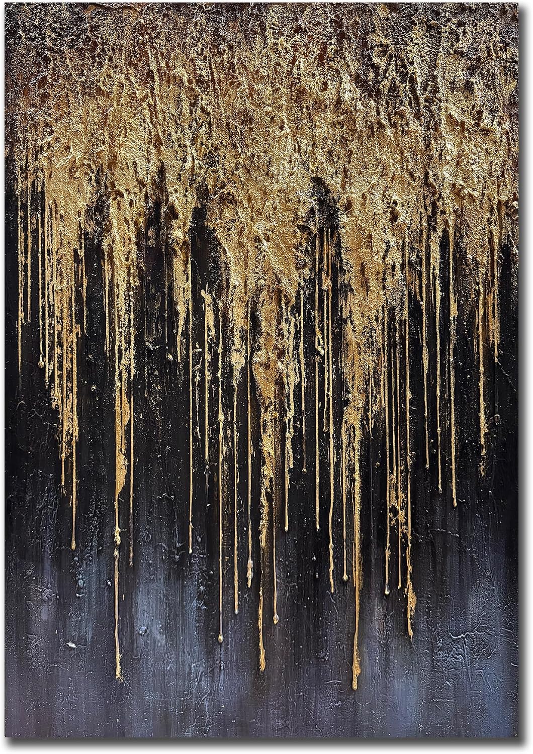 Tiancheng Oil Paintings 28x40 Inch Heavy Impasto Abstract Oil Painting, Hand-Painted Black and Gold Drip Textured Canvas, Modern Luxurious Metallic Wall Art for Living Room Bedroom, Ready to Hang
