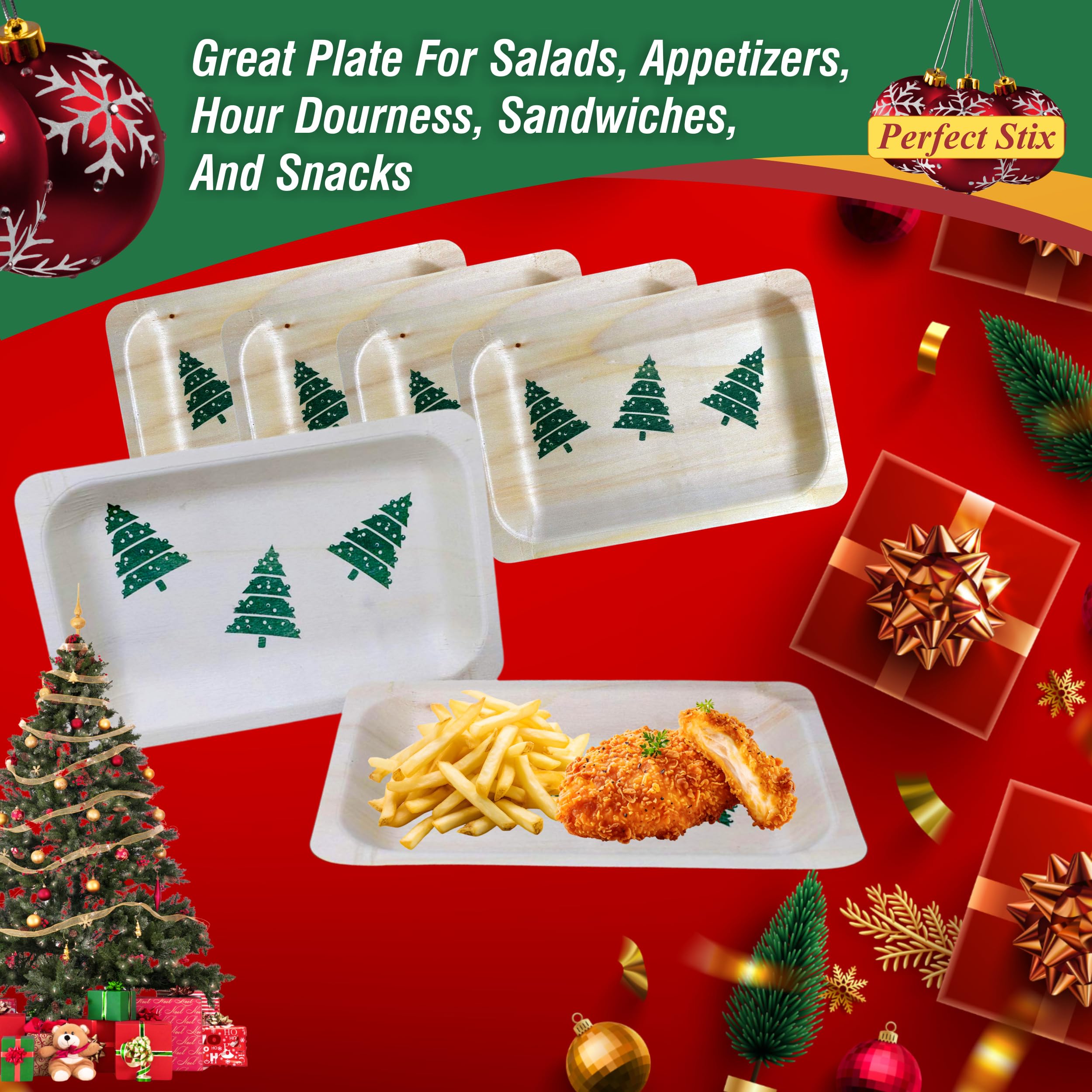 Perfect Stix Plato de madera desechable de 17,78 cm con estampado de árbol de Navidad, paquete de 25 unidades