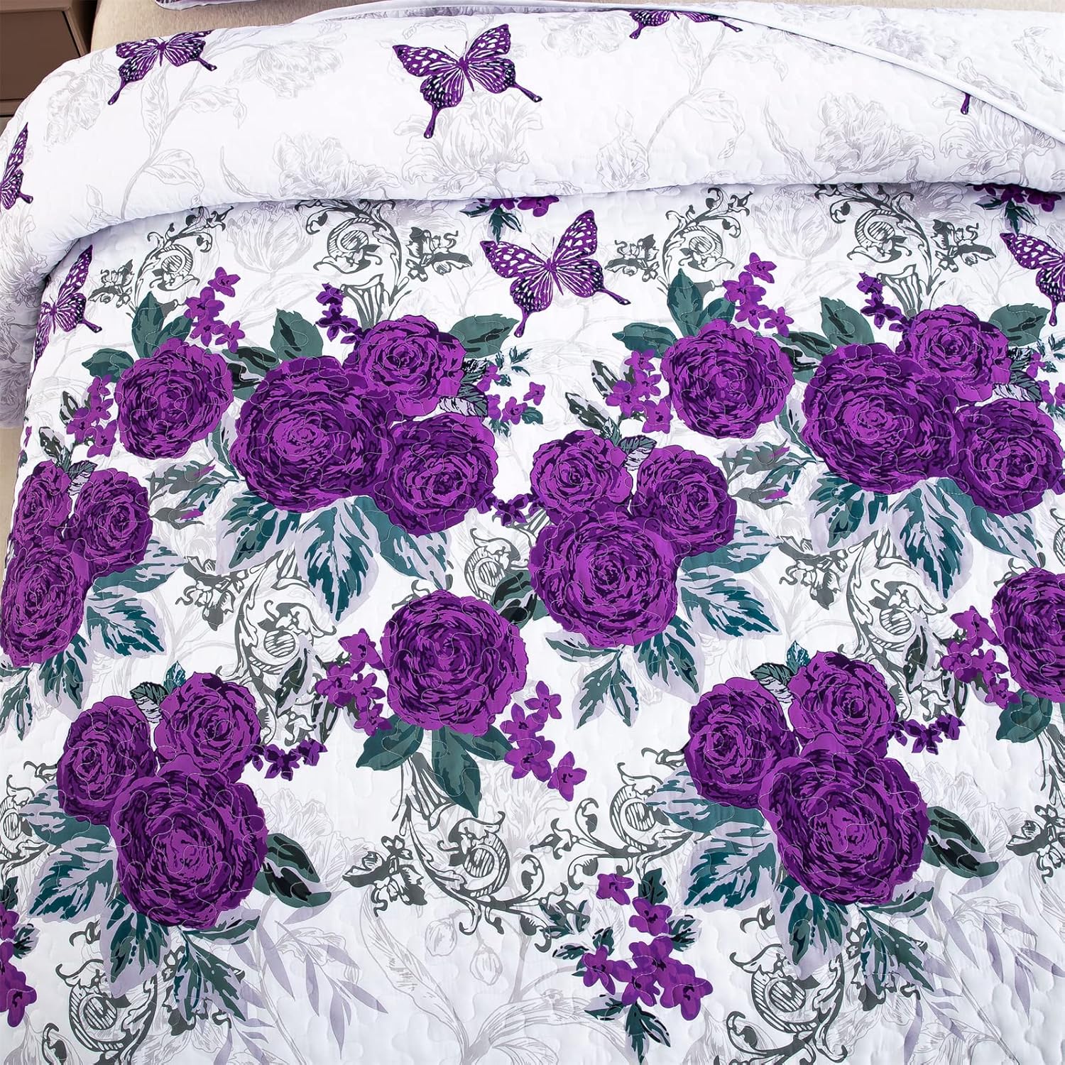 Yiran Purple Floral Quilt Set King Size Rose Spring Bedspreads Bedding Set 3 Pieces Lightweight Microfiber Botanical Coverlet with 2 Pillow Shams for All Season 104x90 Inch - Image 5