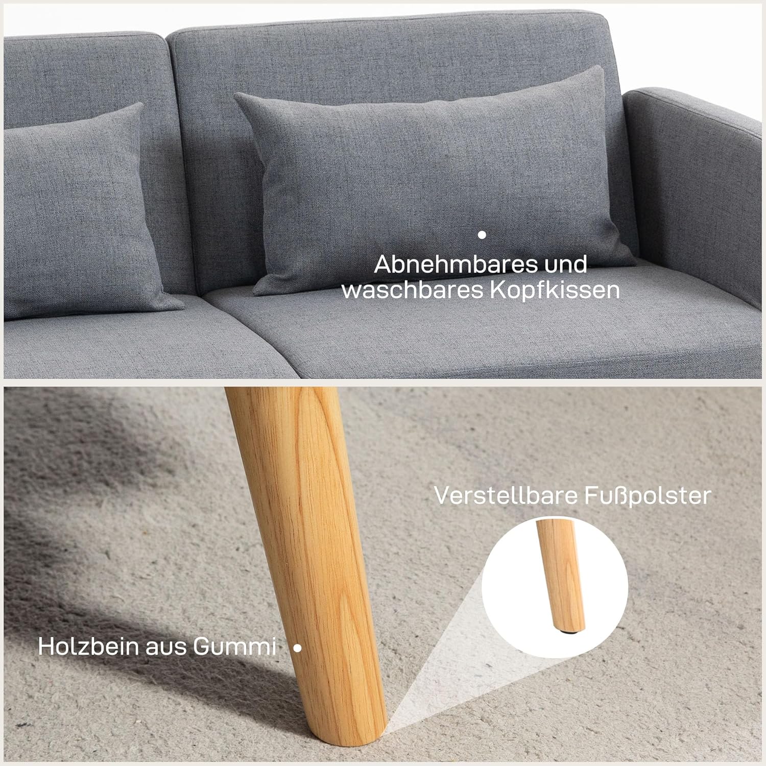 Close-up of the sofa bed's rubber wood legs with adjustable feet and a removable, washable cushion.