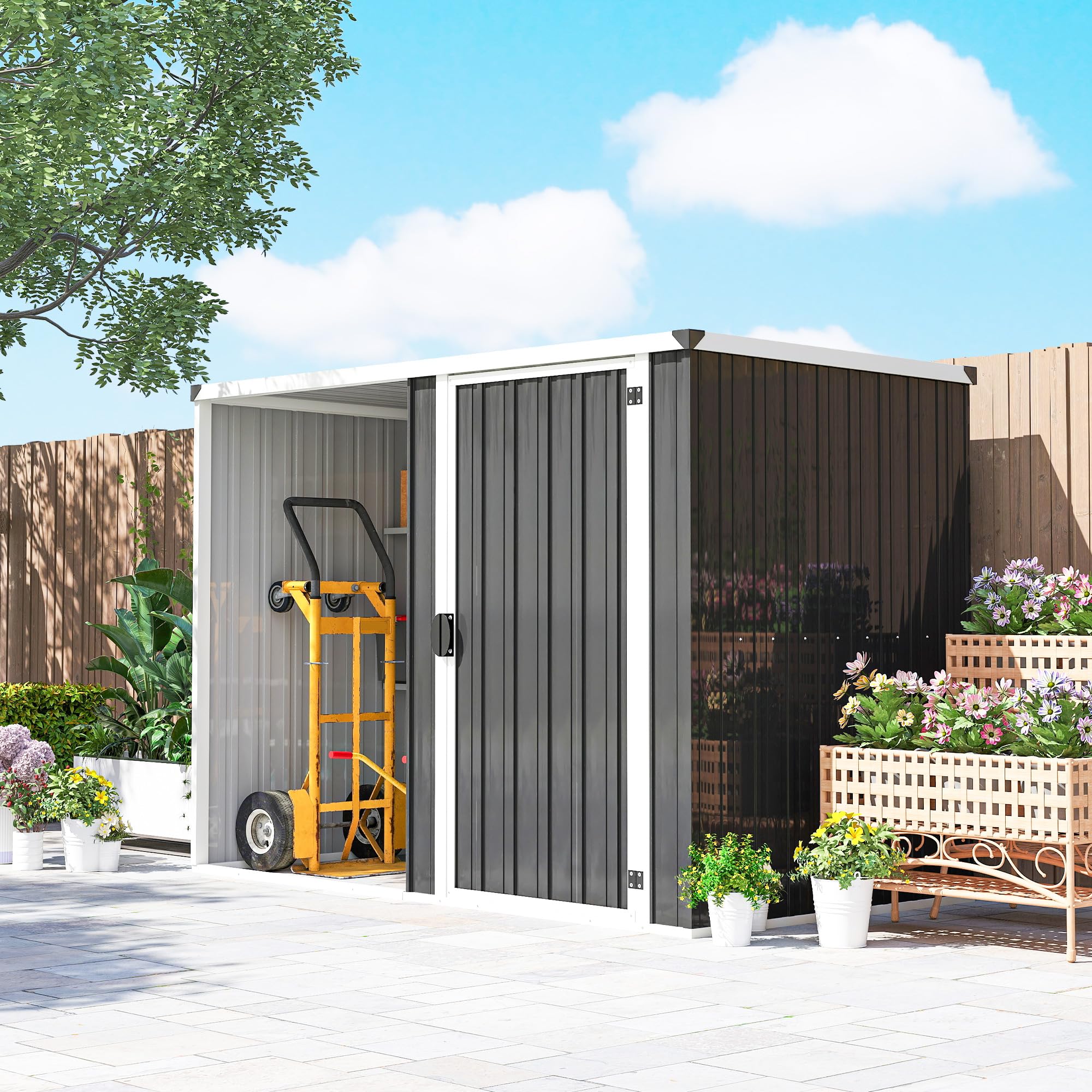 Outsunny Casetta da Giardino 2.7m² in Acciaio Zincato Design Layout Diviso con 2 Ripiani, Capanno da Giardino Porta Attrezzi con Porta Bloccabile, Chiavi, Tetto Inclinato, Guanti, Grigio Scuro