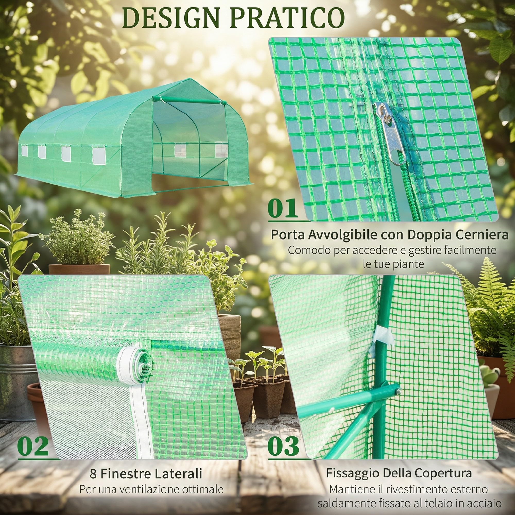 Outsunny Serra a Tunnel 6x3x2 m con 8 Finestre e Porta Avvolgibile, Serra per Orto in Acciaio e PP con 4 Picchetti e 4 Funi Incluse, Verde