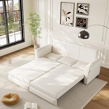 93.7" PU-Leather King Size Sofa Bed with Pillows, 3-in-1 Convertible Sleeper Pull Out Sofa Couch with Nails Trim and Rolled Arm, Chesterfield 3-Seater, Cream White