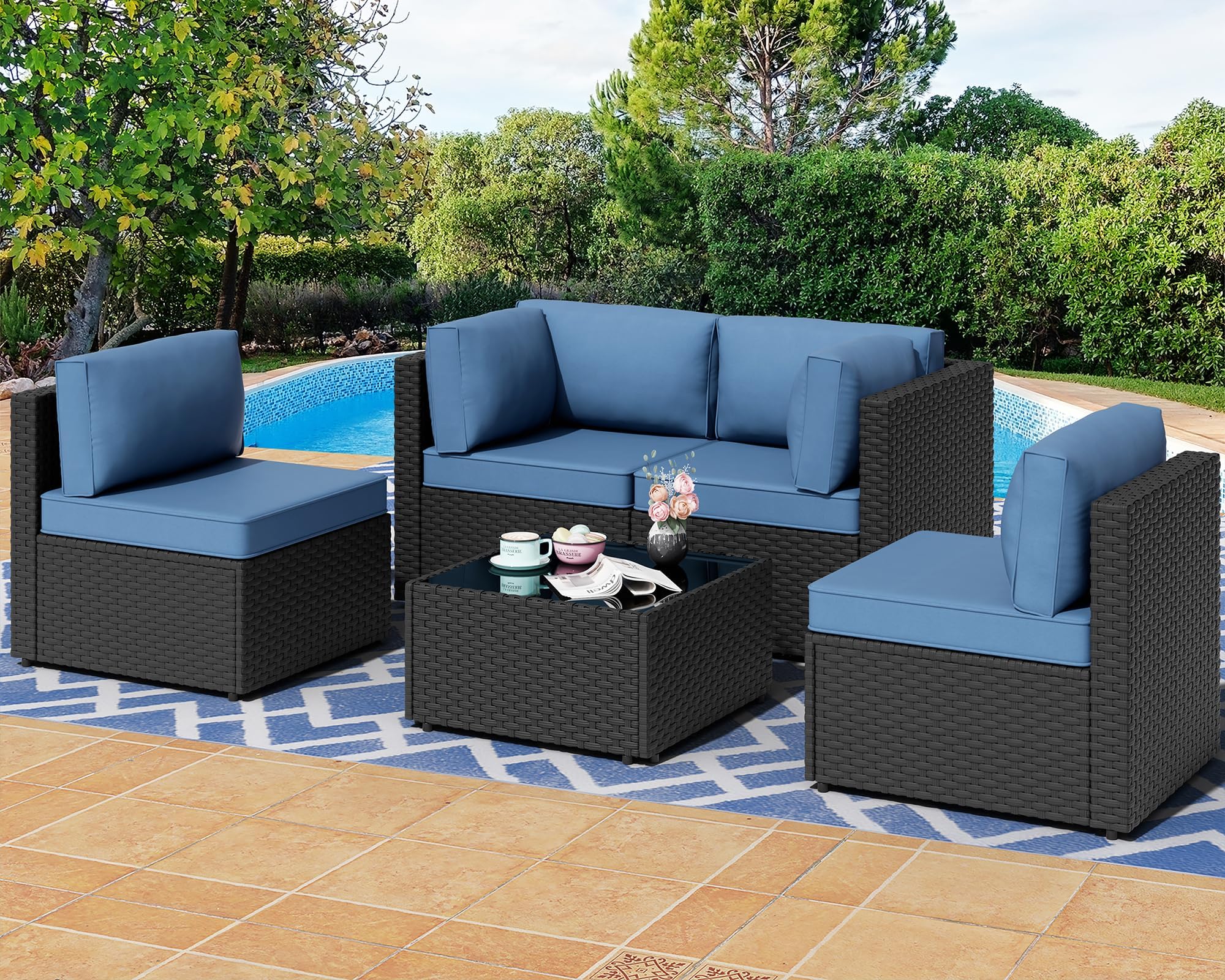 Shintenchi 5 Pieces Outdoor Patio Sectional Sofa Couch, PE Wicker Furniture Sets, Patio Conversation Sets with Washable Cushions Coffee Table for Garden, Poolside, Backyard, Aegean Blue
