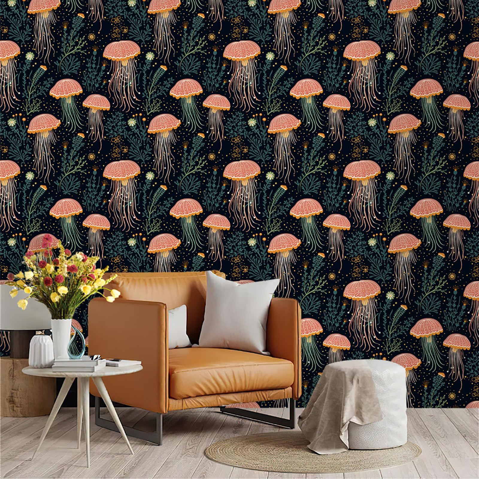 Zahhyg Pink Wallpaper Jellyfish Peel And Stick Self Adhesive Wallpaper For Living Room Waterproof Vinyl, Art Deco Thicken Sticky Back Plastic Removable