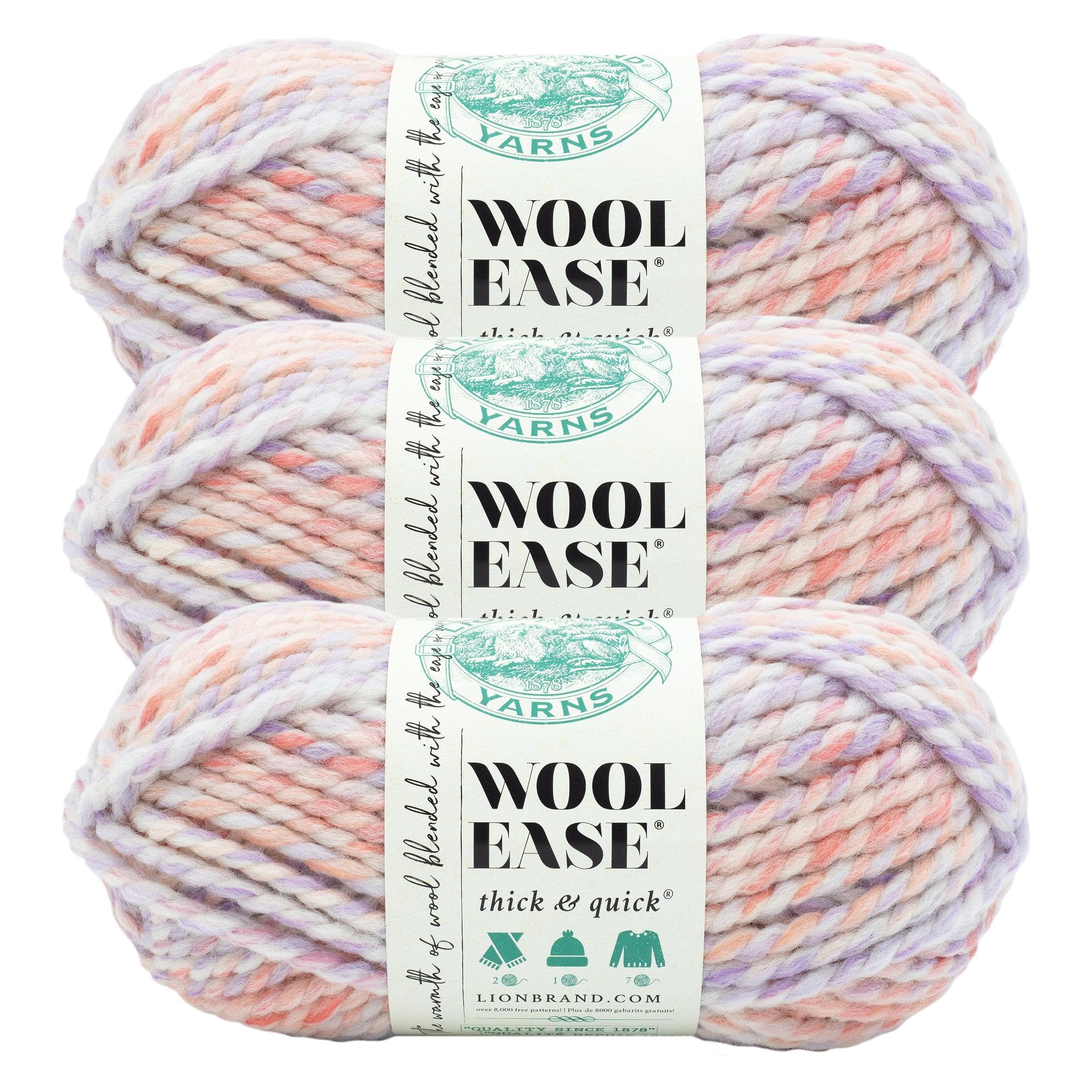 Lion Brand Yarn, Wool-Ease Thick &amp; Quick, Bubblegum, Purple Multi, 3 Pack