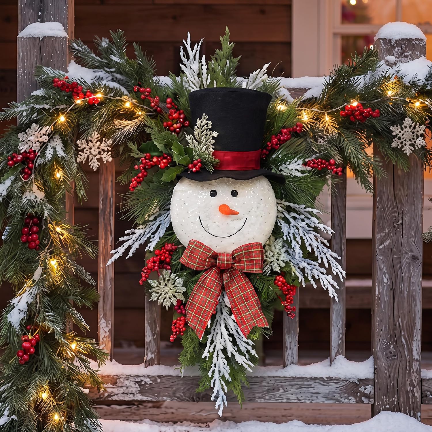 Suncalla 20" Christmas Snowman Wreath for Front Door Winter Decoration Sign