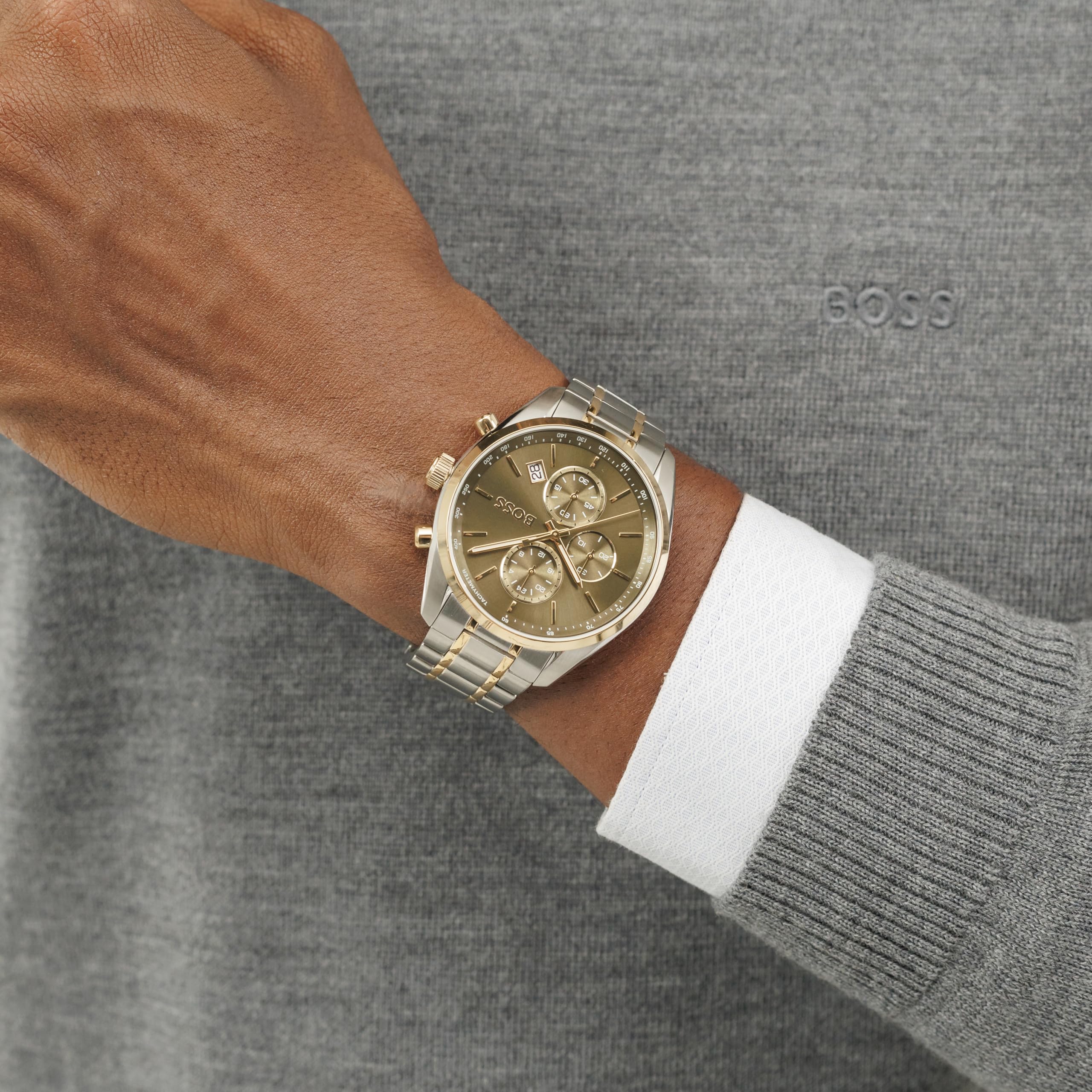 BOSS Reloj Cronógrafo de Cuarzo con Calendario para Hombre Colección Grand Prix 44 con Correa de Acero Inoxidable o de Cuero