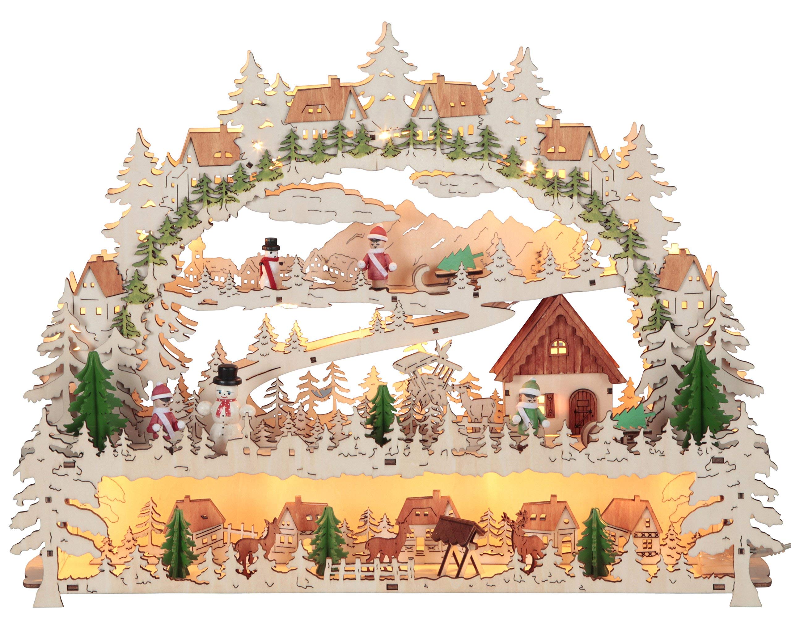 LED-Fensterleuchter "Village" 14 warmwhite LED, Material: Holz, Farbe: natur/bunt, ca. 34 cm x 45 cm Trafo,