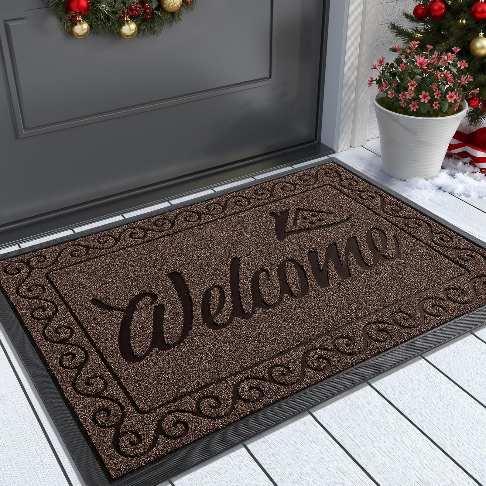 Yimobra Fall Door Mat Outdoor Indoor, Heavy Duty Windproof Welcome Mats for Front Door, Stuady Waterproof Doormat for Patio Porch Outside Entrance, Low Profile, 29.5x17, Coffee