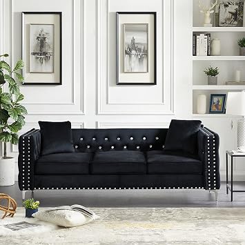 Modern Velvet Jeweled Button Tufted Sofa, 3 Seater Upholstered Couch with Pillows for Living Room Bedroom Office Black
