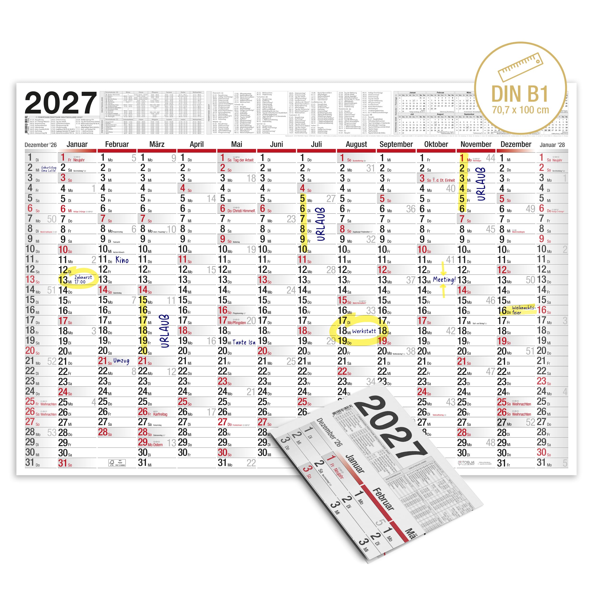 TOBJA Kalendarz ścienny 2026 duży z świętami i feriami DE, AT | Planer roczny 2026 kalendarz ścienny 100x70 cm | XXL kalendarz ścienny składany | Wysokiej jakości kalendarz [1 sztuka składana]
