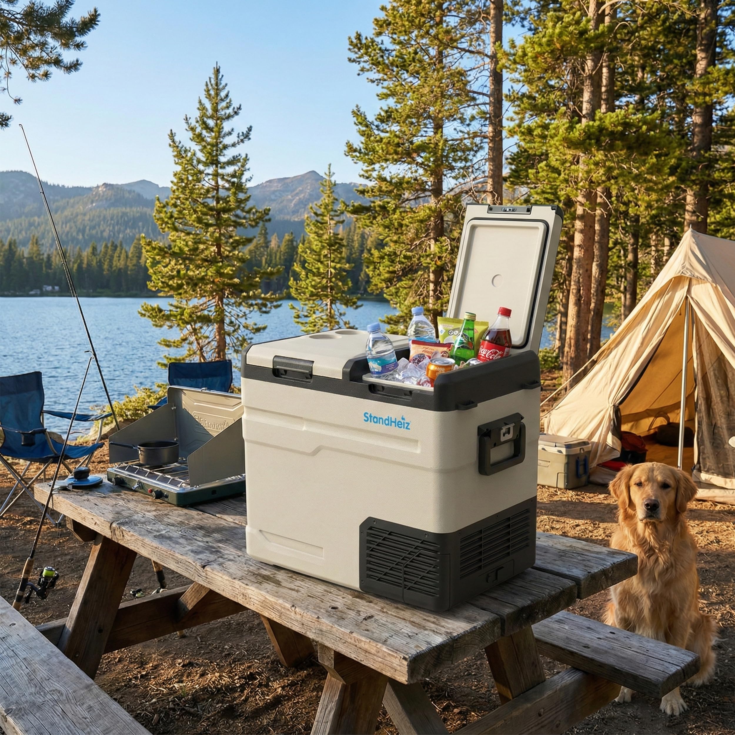 Kompressor Kühlbox 55L – Dual Zone Mini Kühlschrank mit App-Steuerung, 12V/24V/230V für Auto, LKW, Wohnmobil & Camping, Gefrierfunktion bis -20°C, Beige-Schwarz
