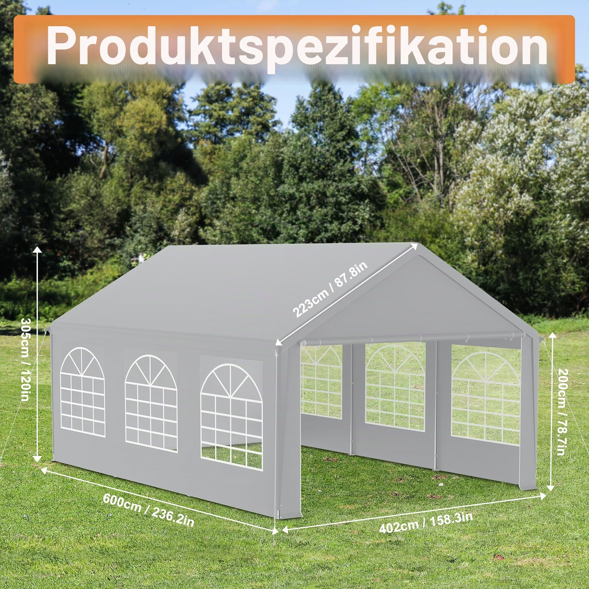 YRHome Premium 4x6M Partyzelt Pavillon,Wasserdicht & Winterfest,Einfach Aufzubauen,Stabil mit Seitenteilen & Fenstern,PE-Dach Garten Hochzeit Grau