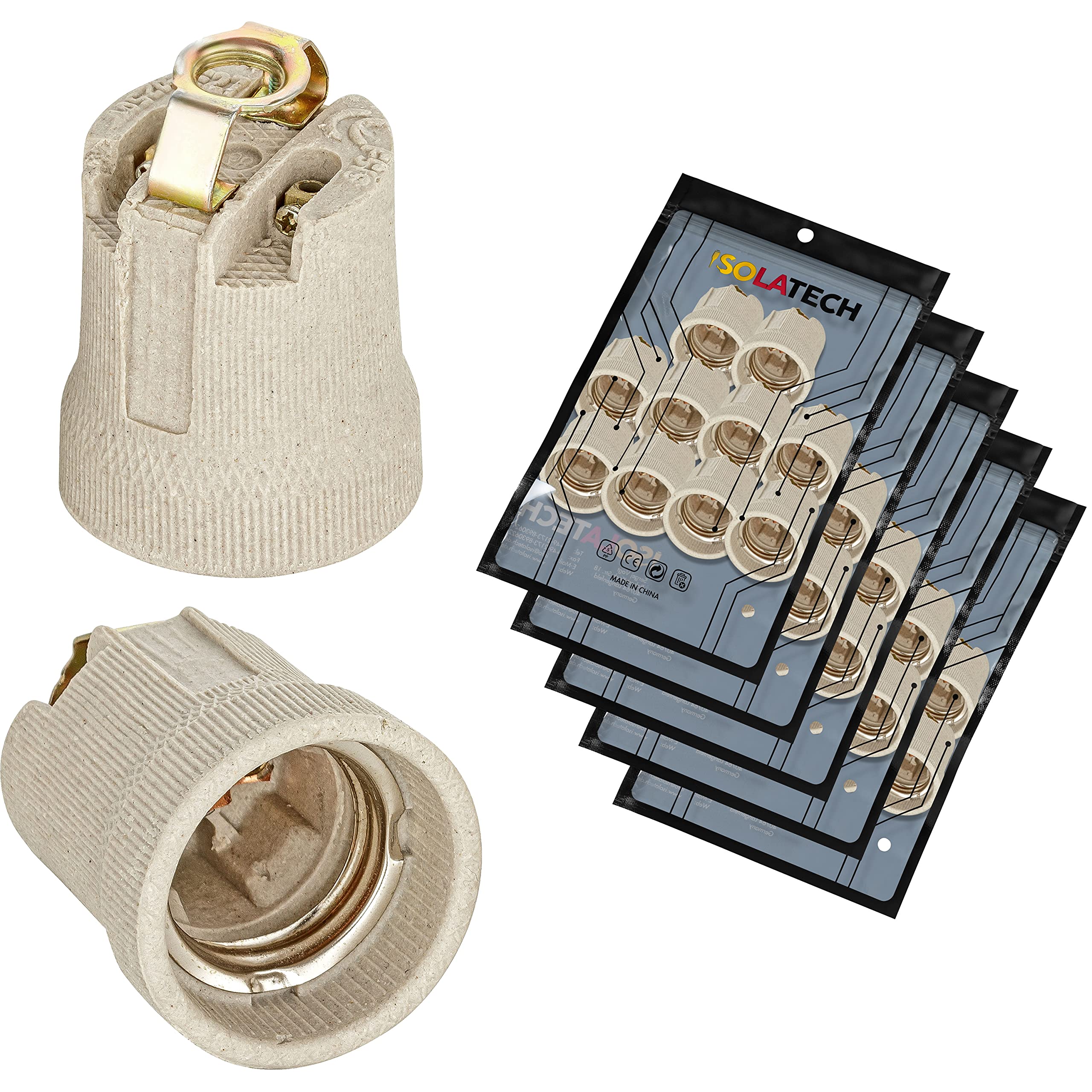 ISOLATECH 50x Portalampada E27 in Ceramica con Staffa M10x1 Femmina