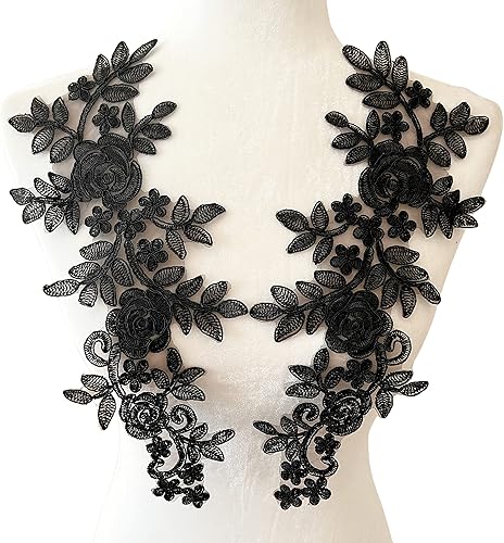 PEPPERLONELY 1 par de flores de encaje para vestido de novia, parche bordado para coser en apliques de encaje, 13.75 x 5.5 pulgadas, color negro disponible en Yaxa Costa Rica