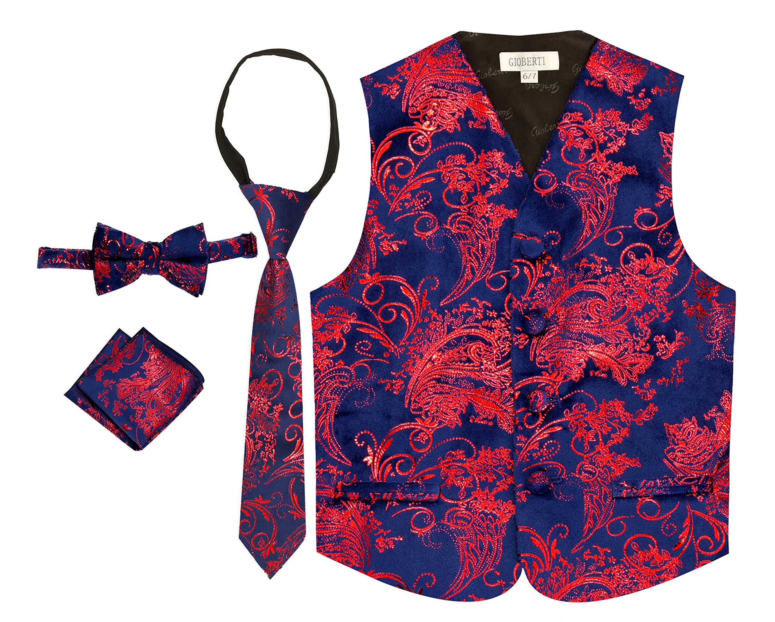 Gioberti Kids and Boys 4pc Paisley Vest Set - Vest, Bowtie, Tie, Pocket Square
