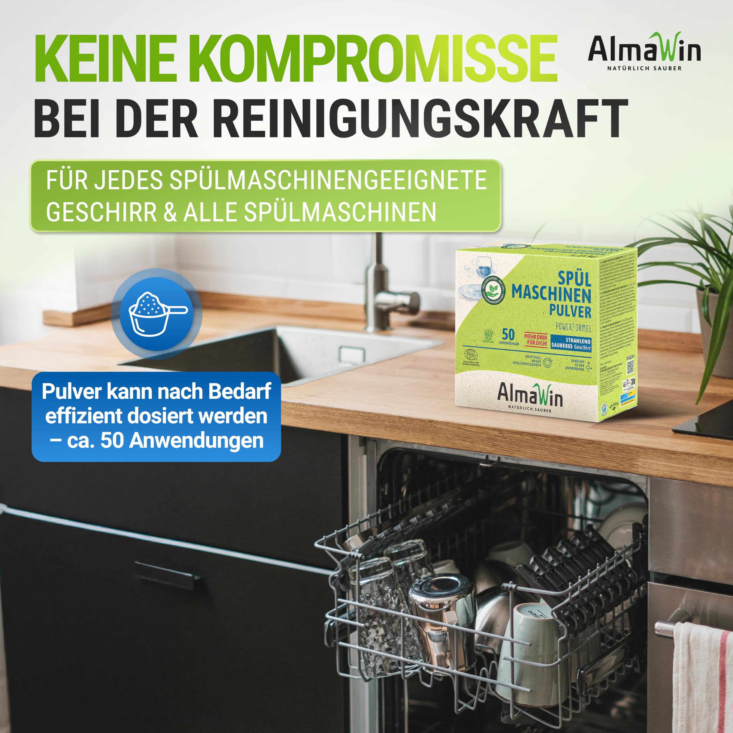 AlmaWin® Spülmaschinen Pulver mit Powerformel für strahlend sauberes Geschirr [6x 1,25kg - 300 Anwendungen] - Kraftvolles Geschirrspülmittel Pulver - Ohne Phosphate, Öko & VEGAN, Dishwasher Powder
