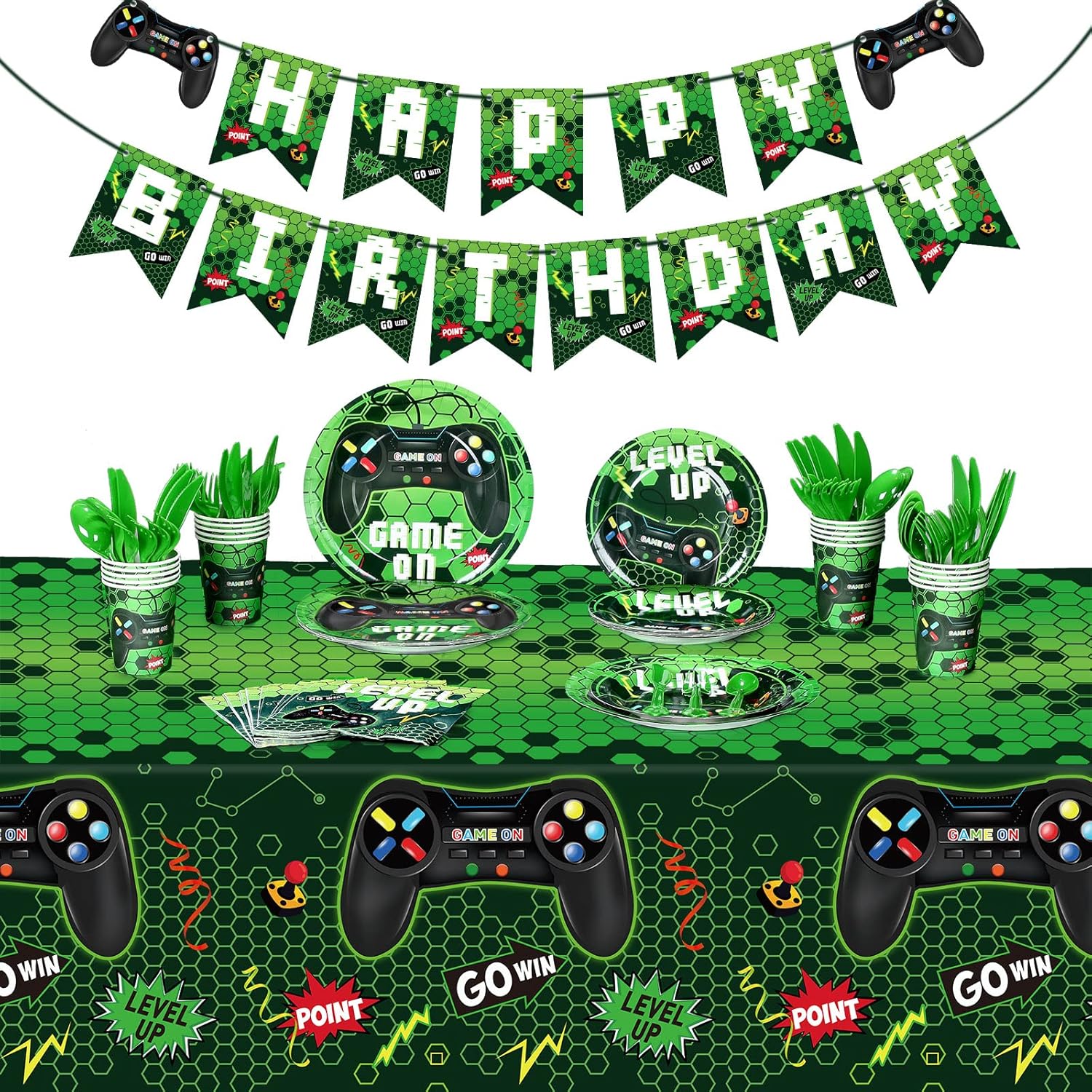 Tiamon 172 Pcs Video Game Party Decoration Set Game Happy Birthday Banner Gamer Supplies Plastic Tablecloth Paper Plates Tableware for Boy Girl Player Birthday Party Pack, Serving 24 Guests(Green) Tiamon 172 Pcs Video Game Party Decoration Set Game Happy Birthday Banner Gamer Supplies Plastic Tablecloth Paper Plates Tableware for Boy Girl Player Birthday Party Pack, Serving 24 Guests(Green)