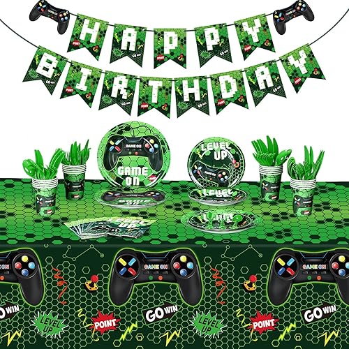 Miniatura 8 de Juego de 172 piezas de decoración de fiesta de videojuegos pancarta de feliz cumpleaños suministros de fiesta de jugadores mantel de plástico platos