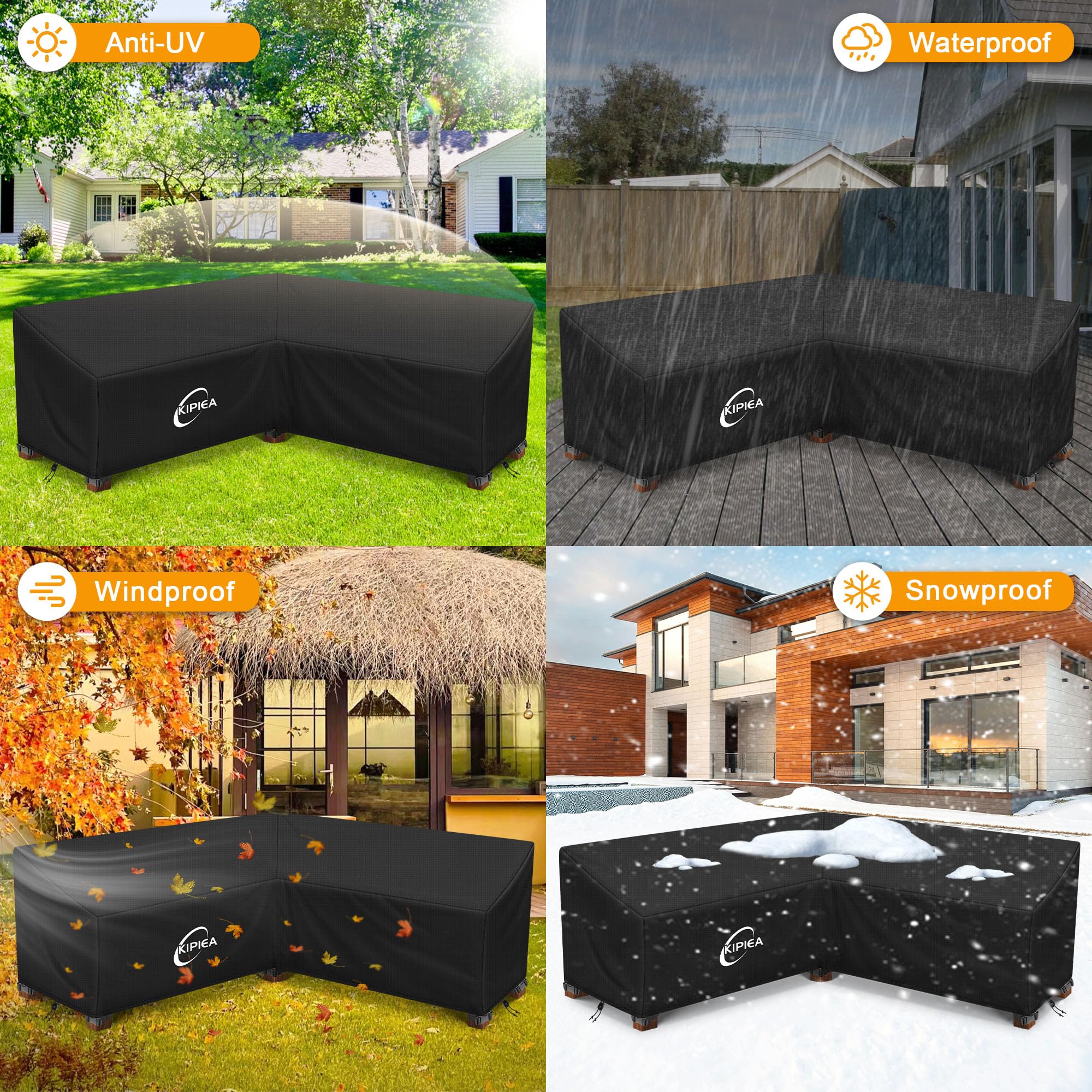 Kipiea Housse Salon de Jardin Forme en V Imperméable, 420D Oxford Tissu Housse de Canapé d'angle Extérieur Coupe-Vent, Housses de canapé de jardin Anti-UV, Sans Déchirure (216x216x85x78cm)