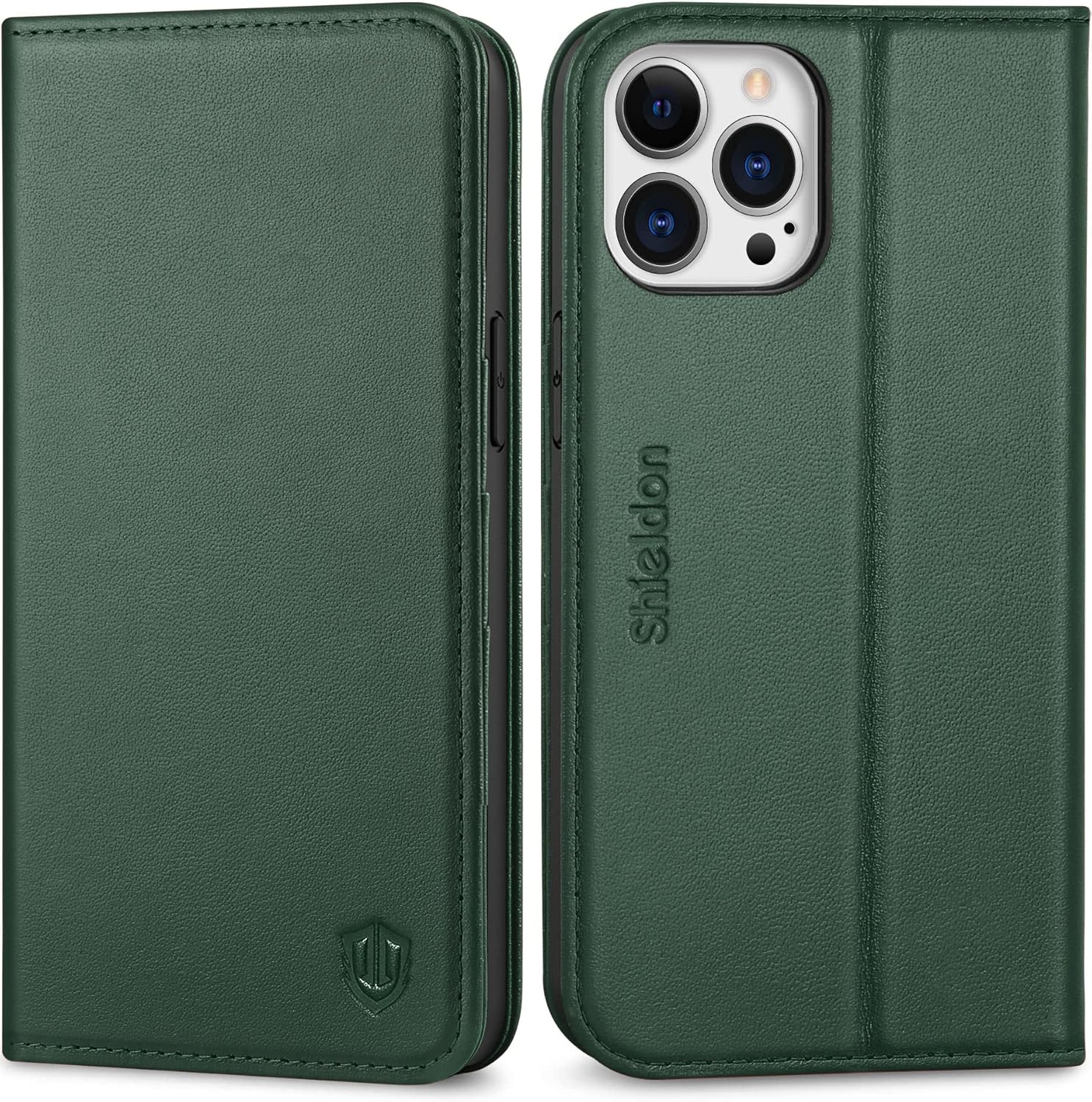 SHIELDON Case for iPhone 13 Pro Max 5G, Genuine Leather Wallet Case RFID Blocking Card Holder Magnetic Cover Kickstand Shockproof Cover Compatible with iPhone 13 Pro Max 5G (6.7") - Midnight Green