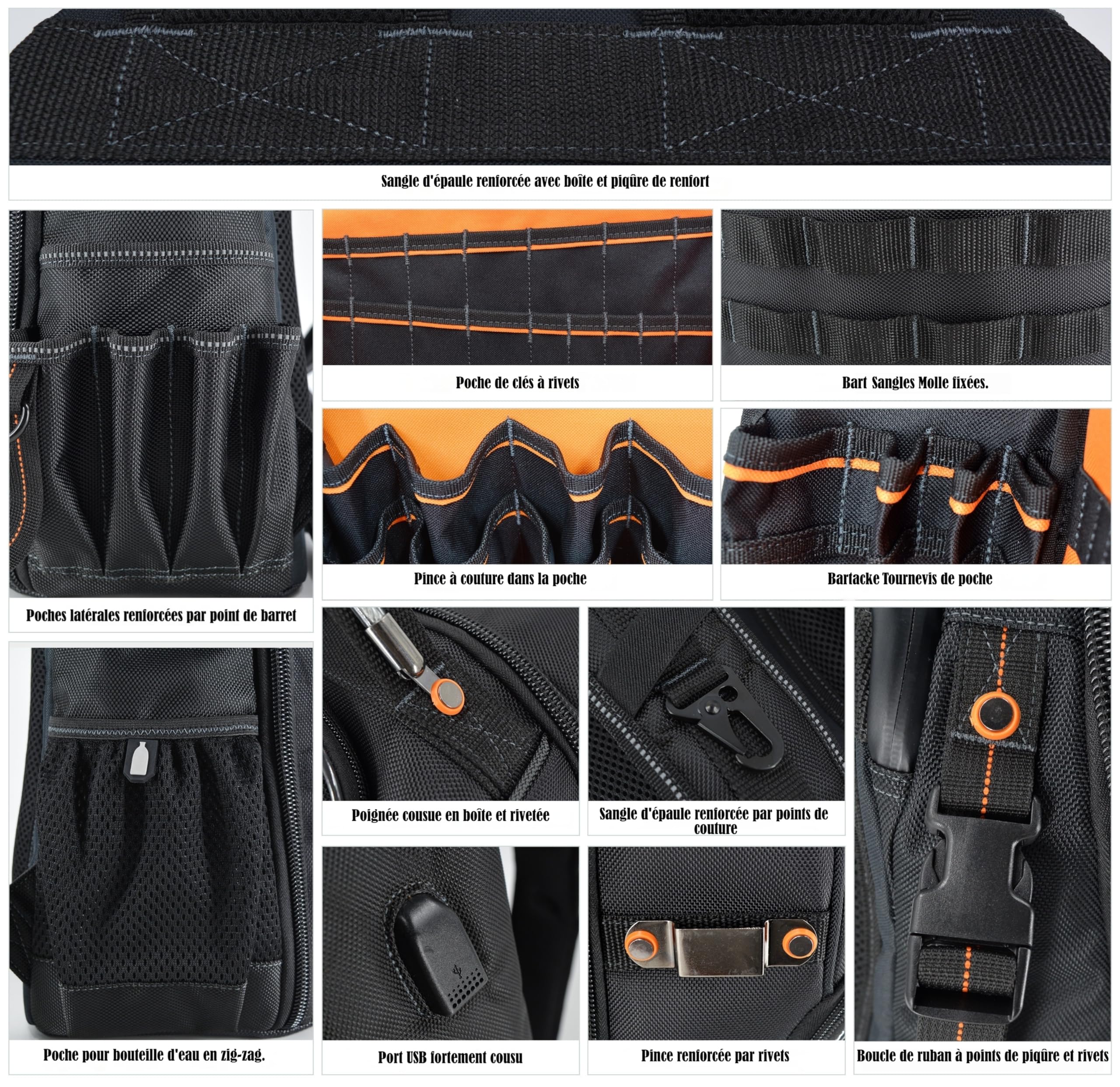Sac à outils 66 poches, sac à dos robuste pour électriciens, construction, hommes