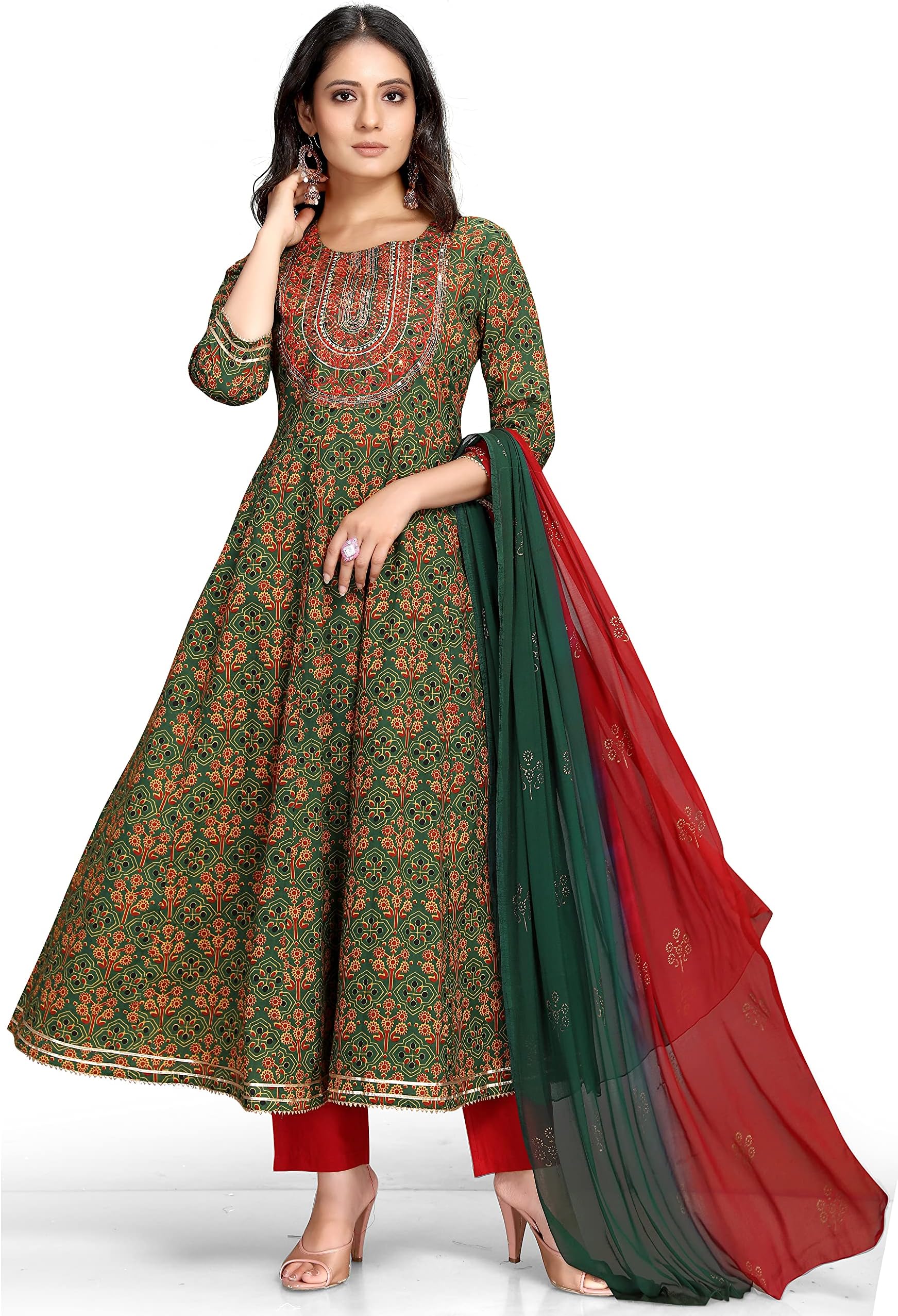 Rajnandini Women's Pure Cotton Embroidered A-Line Anarkali Kurta Set with Dupatta (Ready to Wear; Green and Red;-P)
