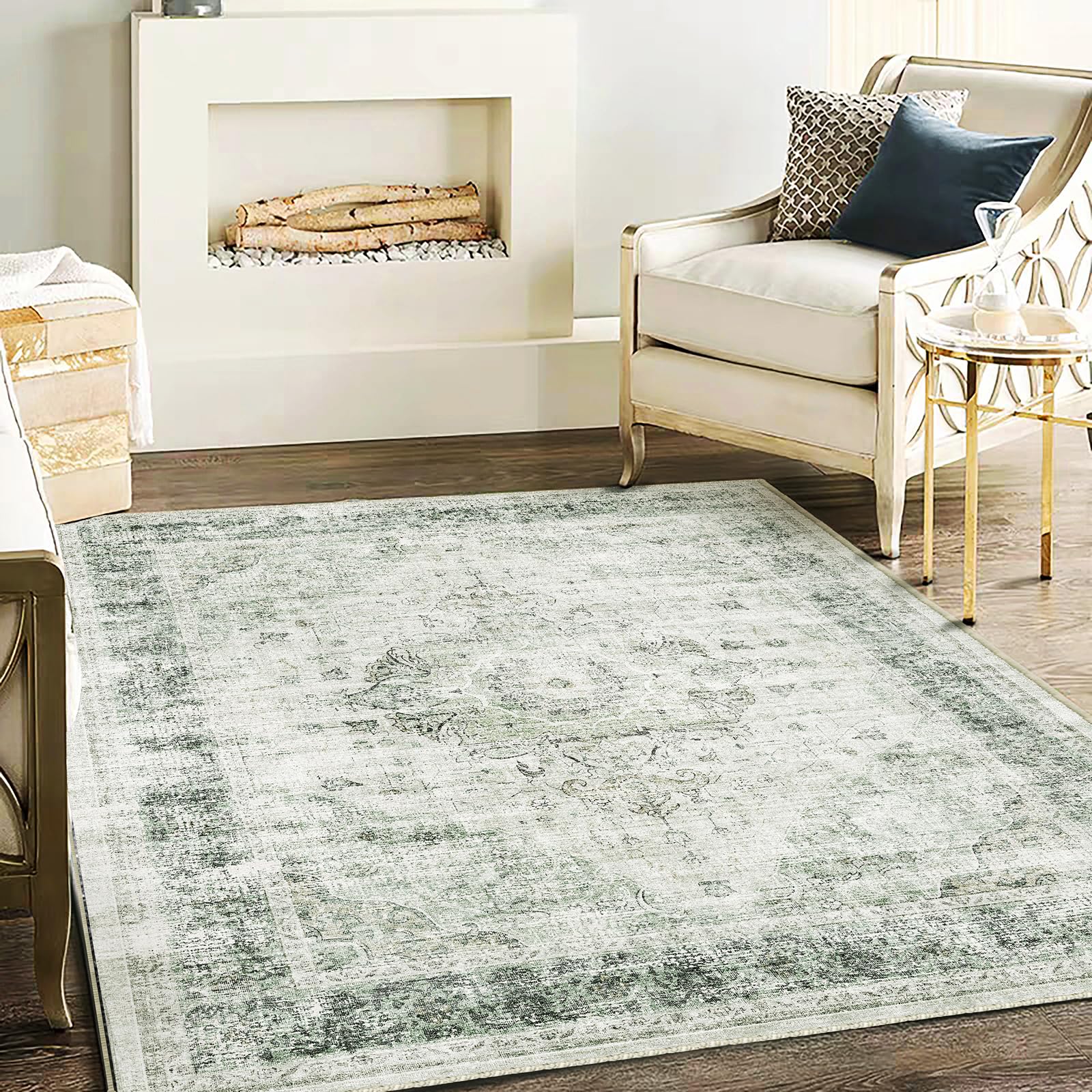 CHAMPLANT Washable Area Rug 4'x6' Floral Green Vintage Traditional Floor Cover Foldable Thin Rugs Retro Kitchen Indoor Distressed Non Slip Carpet Floral Print Mat Bedroom Living Room