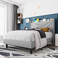 Vista 8 de Feonase Base de cama de tamaño individual con estación de carga, base de cama tapizada de lino con cabecera con respaldo de ala, soporte de listones