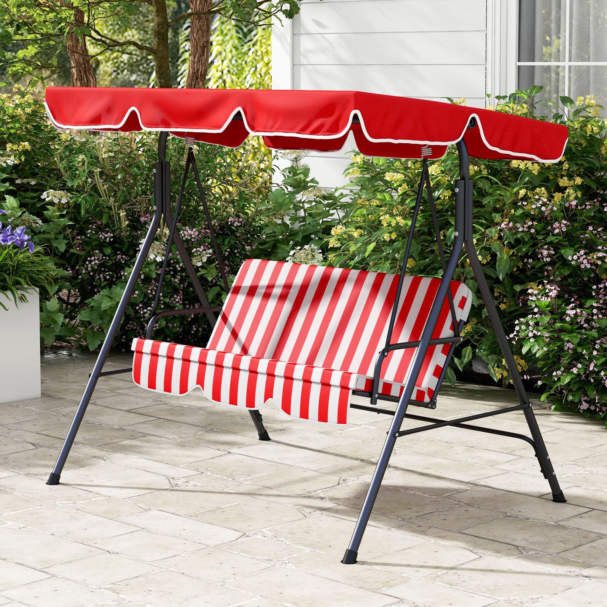 Outsunny Dondolo da Giardino a 3 Posti in Acciaio e Poliestere, Reclinabile Regolabile con Cuscini Seduta e Schienale, Tettuccio Parasole, 1,72 x 1,1 x 1,53 m, Nero e Rosso