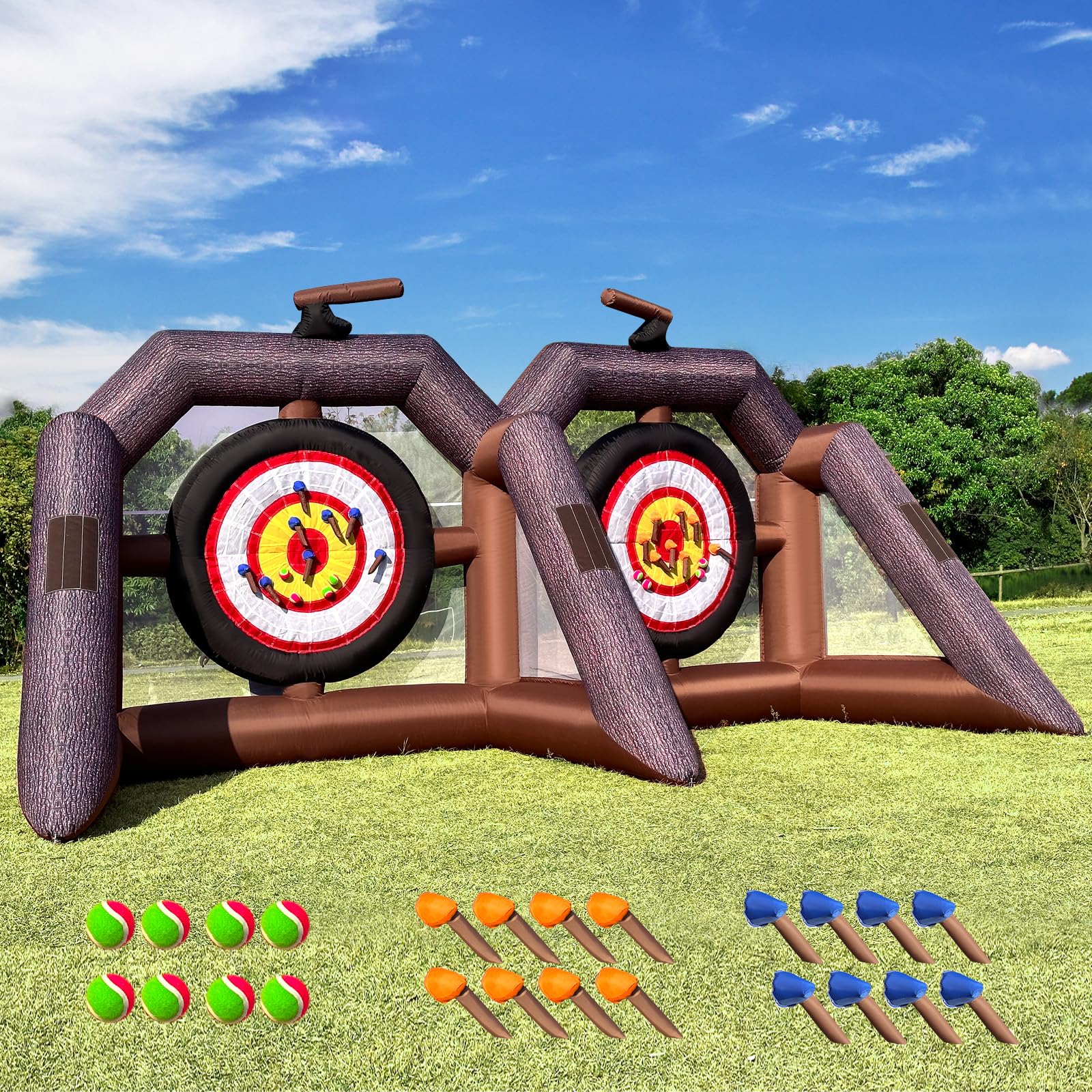 GR8FUN Inflatable Axe Throwing Game for Backyard Giant Dual Ball Toss Target Dart Board (Over 10ft Tall)+ 16 Axes + 8 Color Balls + Air Blower |