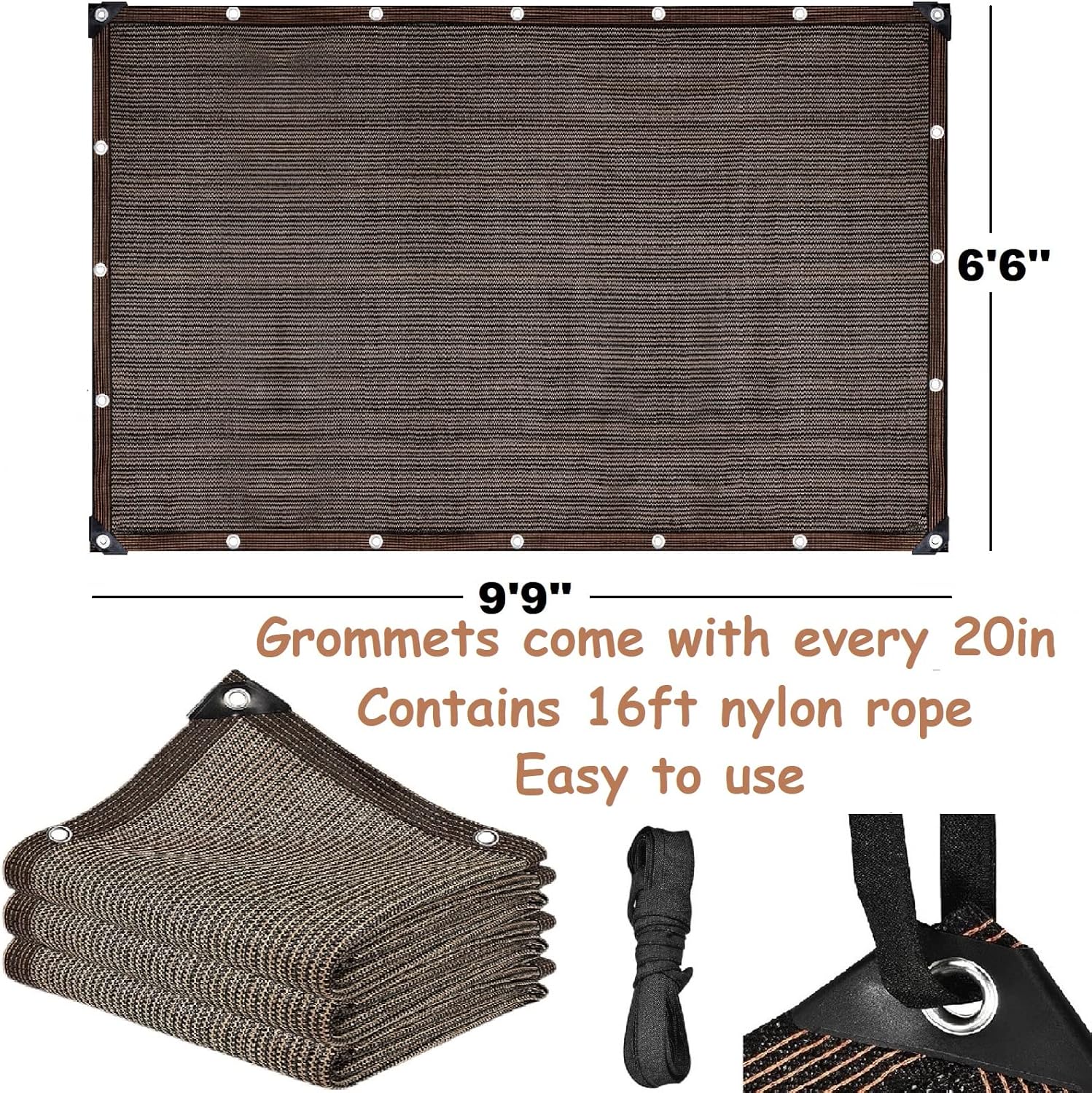 Shade Sail Sun Shade Cloth 6'6"x9'9" Rectangle Outdoor Canopy Outside Sunshade Awning Cover Privacy Screen Net UV Block for Patio Pergola Gazebo Porch Backyard Lawn Garden Outdoor Activities