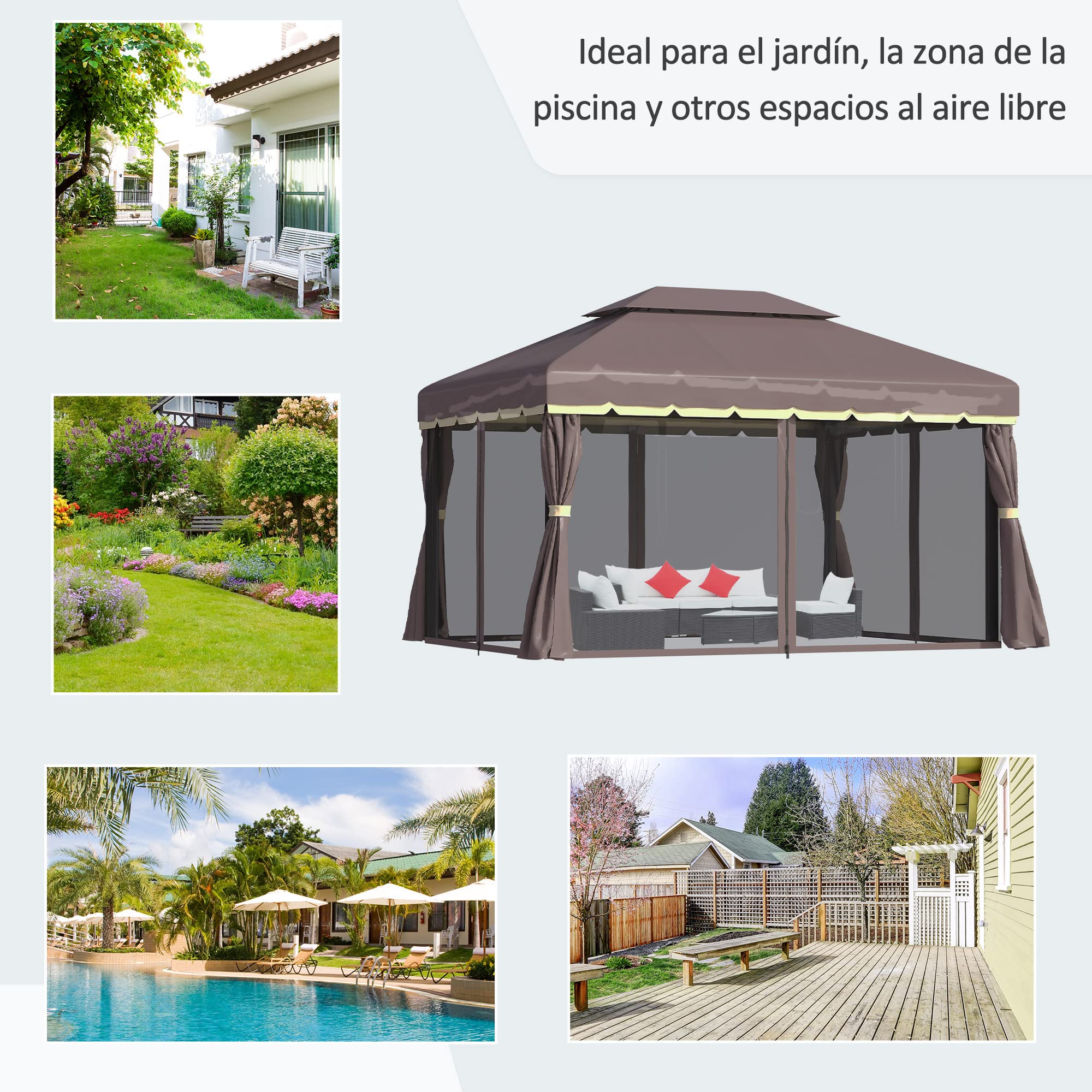 Outsunny Cenador de Jardín 4x3 m Gazebo de Aluminio con Techo de Ventilación 4 Cortinas Laterales 4 Mosquiteras y 8 Orificios de Drenaje para Fiestas Eventos Exterior Café