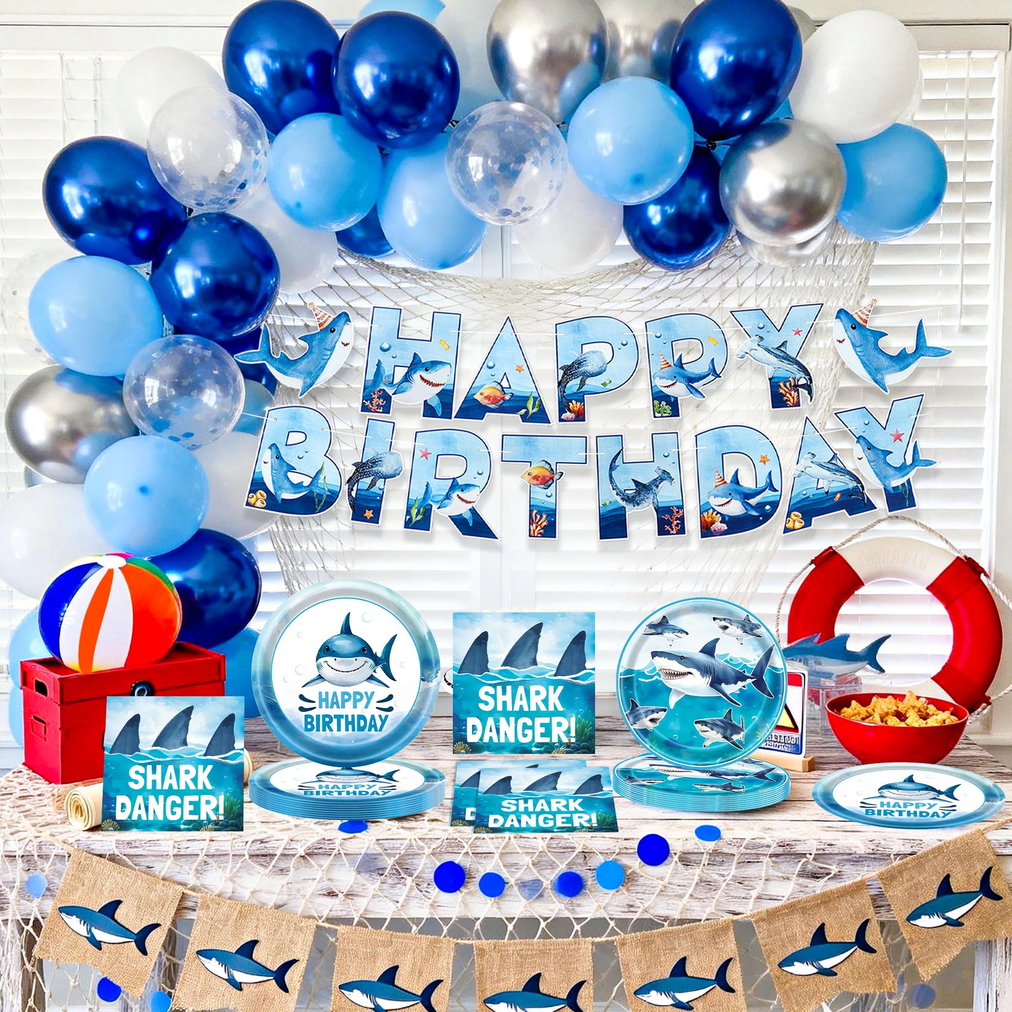 conjunto decorativo para fiesta cumpleaños tiburón incluye banderín | 61 piezas conjunto decorativo para fiesta cumpleaños tiburón incluye banderín vajilla decoraciones platos servilletas
