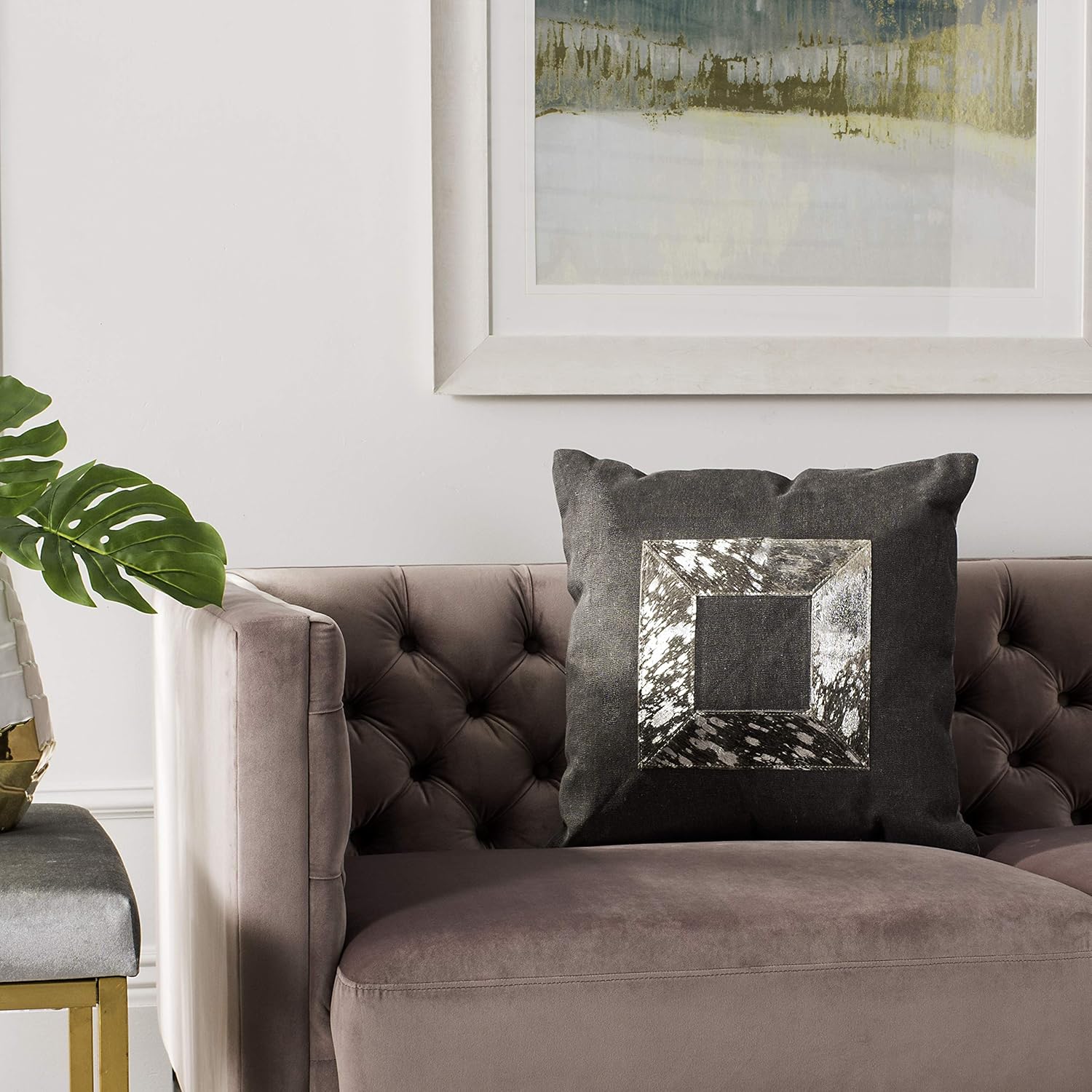 SAFAVIEH Grayer Metallic Cowhide Throw Pillow, Grey/Silver