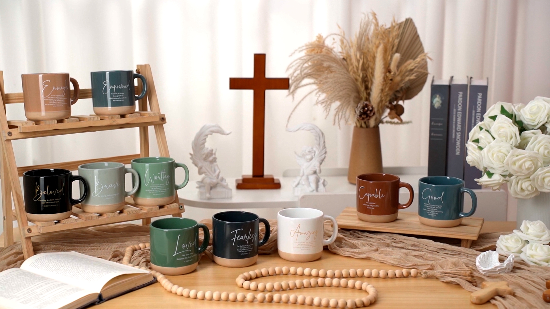 Set de 10 tazas cristianas de cerámica estilo Morandi 13 oz miniatura 7