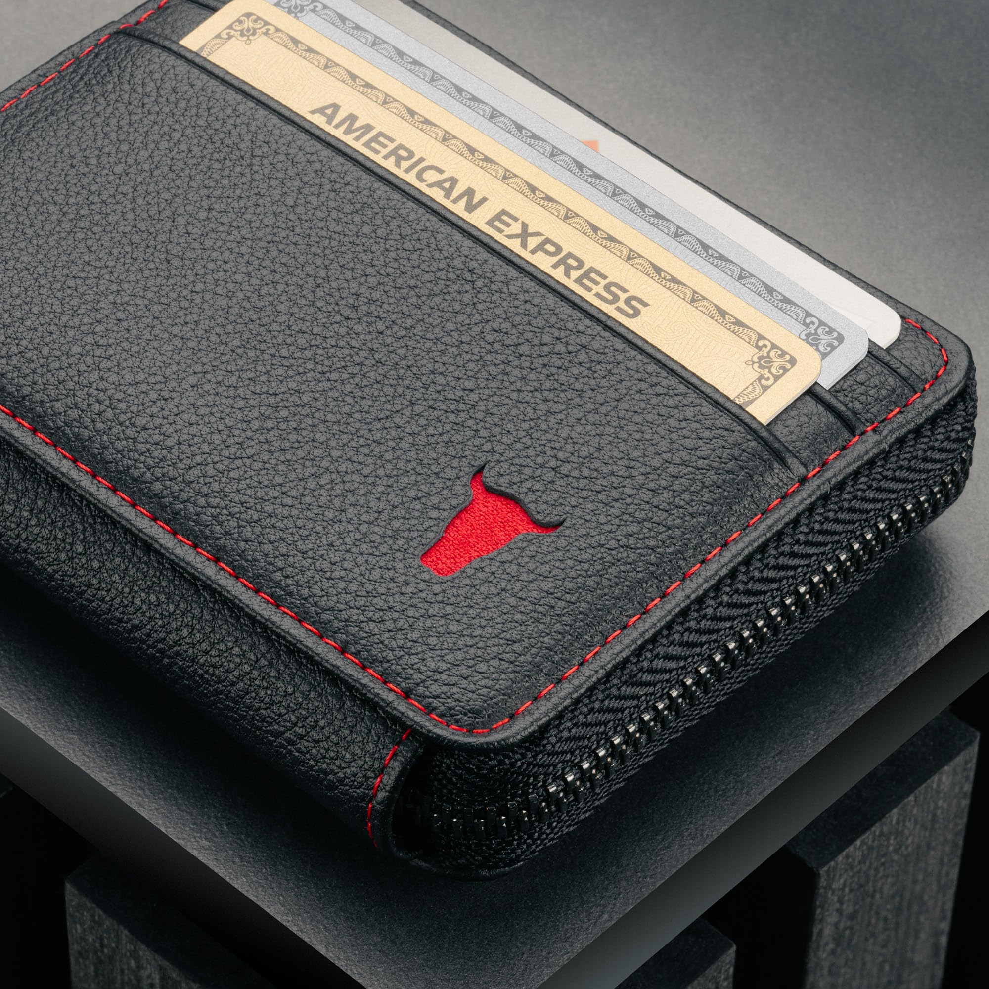 TORRO Skórzany uchwyt na karty z przegródką na monety – blokada RFID z prawdziwej skóry, przegródki na karty z kieszenią na monety z zamkiem błyskawicznym, 1,9 x 10,7 x 8,6 cm, Klasyczny