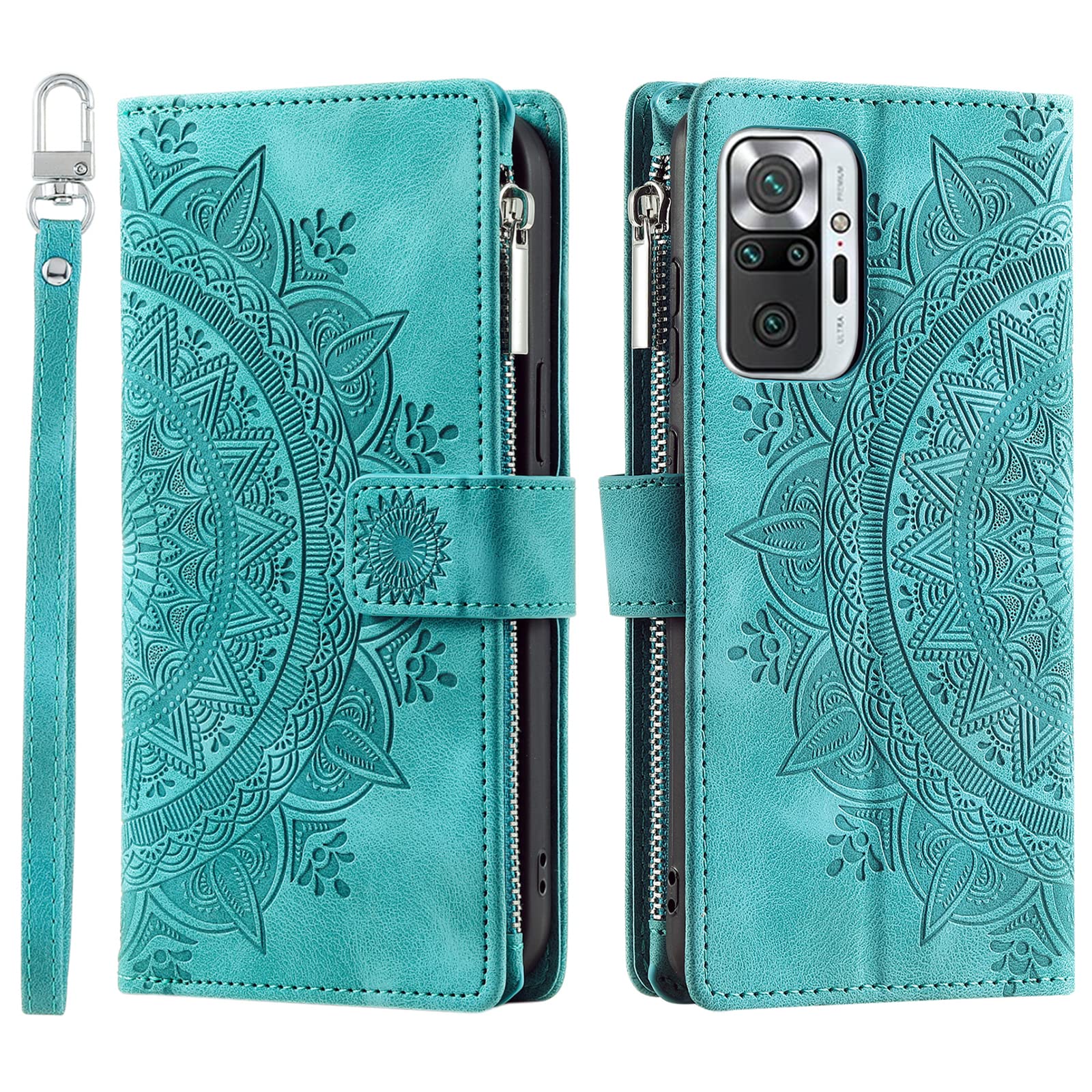 VEEMOS Wallet Case for Xiaomi Redmi Note 10 Pro Flower Flip Case Protective Leather Folio Book Phone Cover with Card Slots Kickstand Zipper Pocket - Green