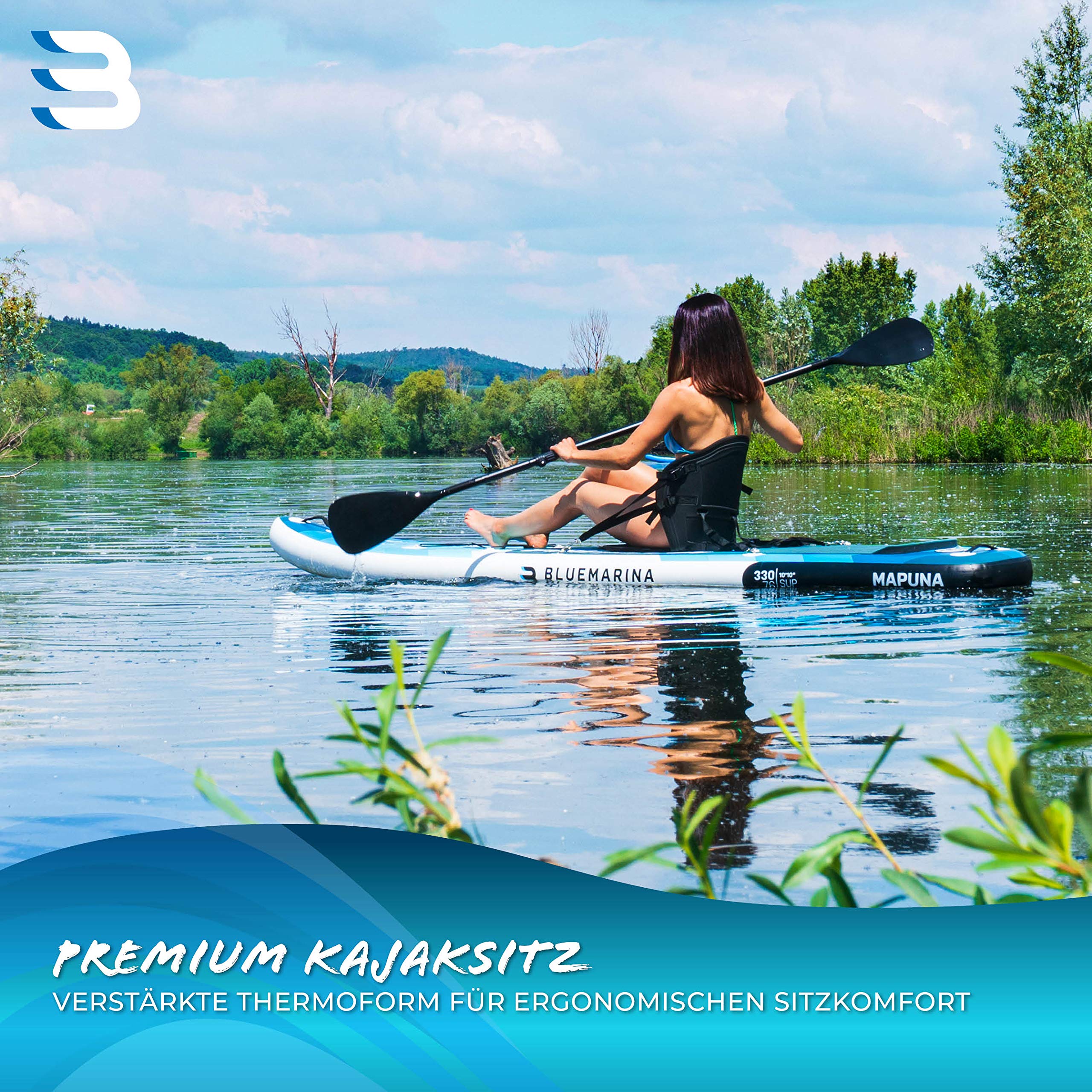 Bluemarina Kajaksitz für Stand Up Paddling Board | Inklusive Paddel - Kanusitz - Hochwertiges & bequemes Schaumstoffpolster - Rückenlehnensitz - Verstellbar - rutschfest