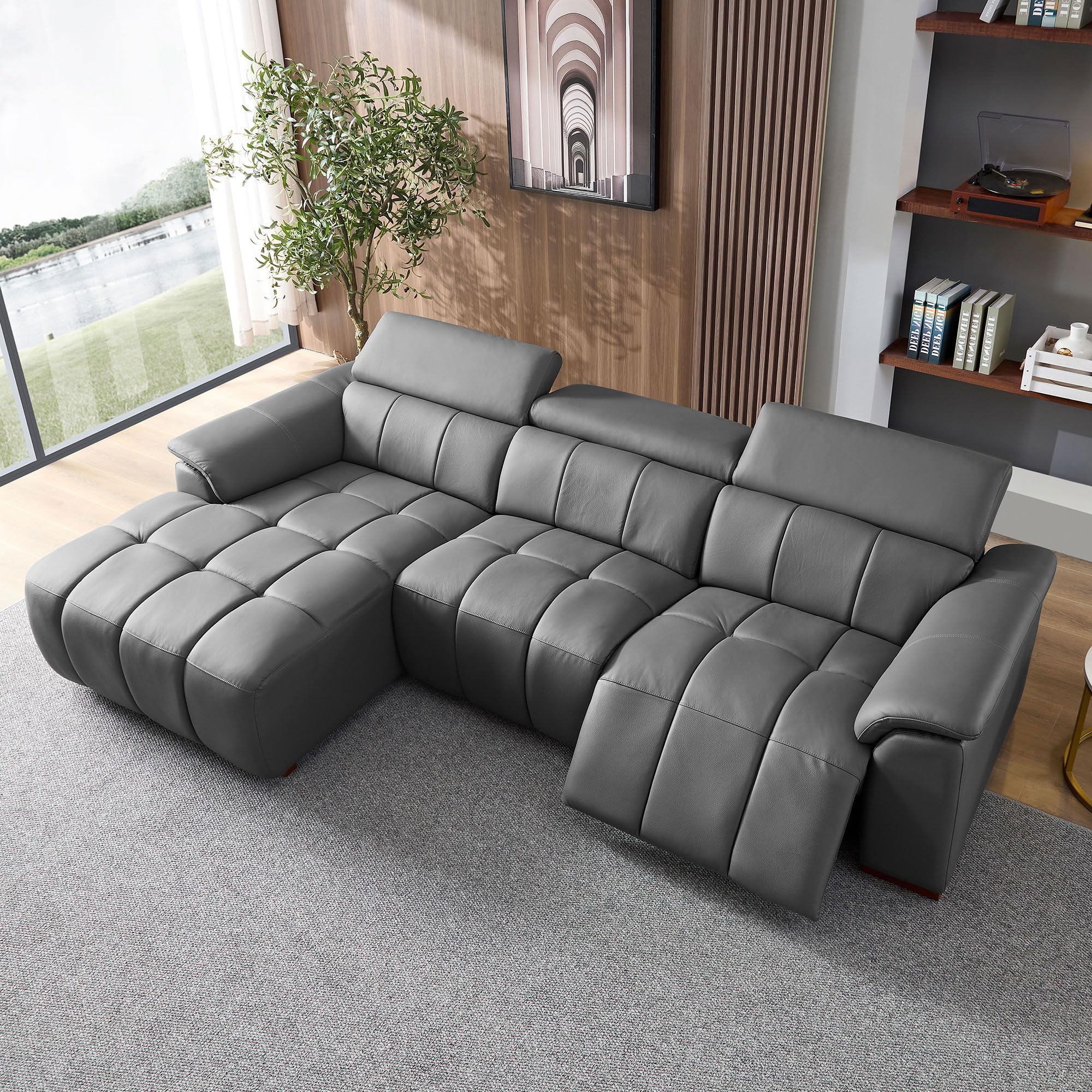 Best Reclining Sofa with Chaise: 2026 Picks 3 KEIKI 113' L-Shaped Genuine Leather Wall-Hugger Reclining Sofa with Left Chaise, — product photo