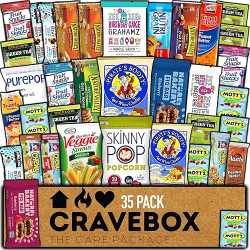 Surtido de snacks de frutas saludables Cravebox (barras de granola, palomitas de maíz, papas veganas ¡y mucho más!) (25 unidades)